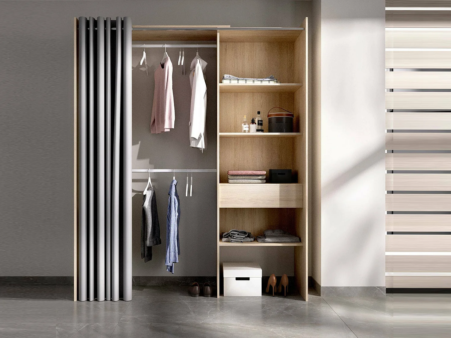 Armario Wetterhorn, Estructura para vestidor con cortina, Perchero abierto, 160x50h205 cm, Roble