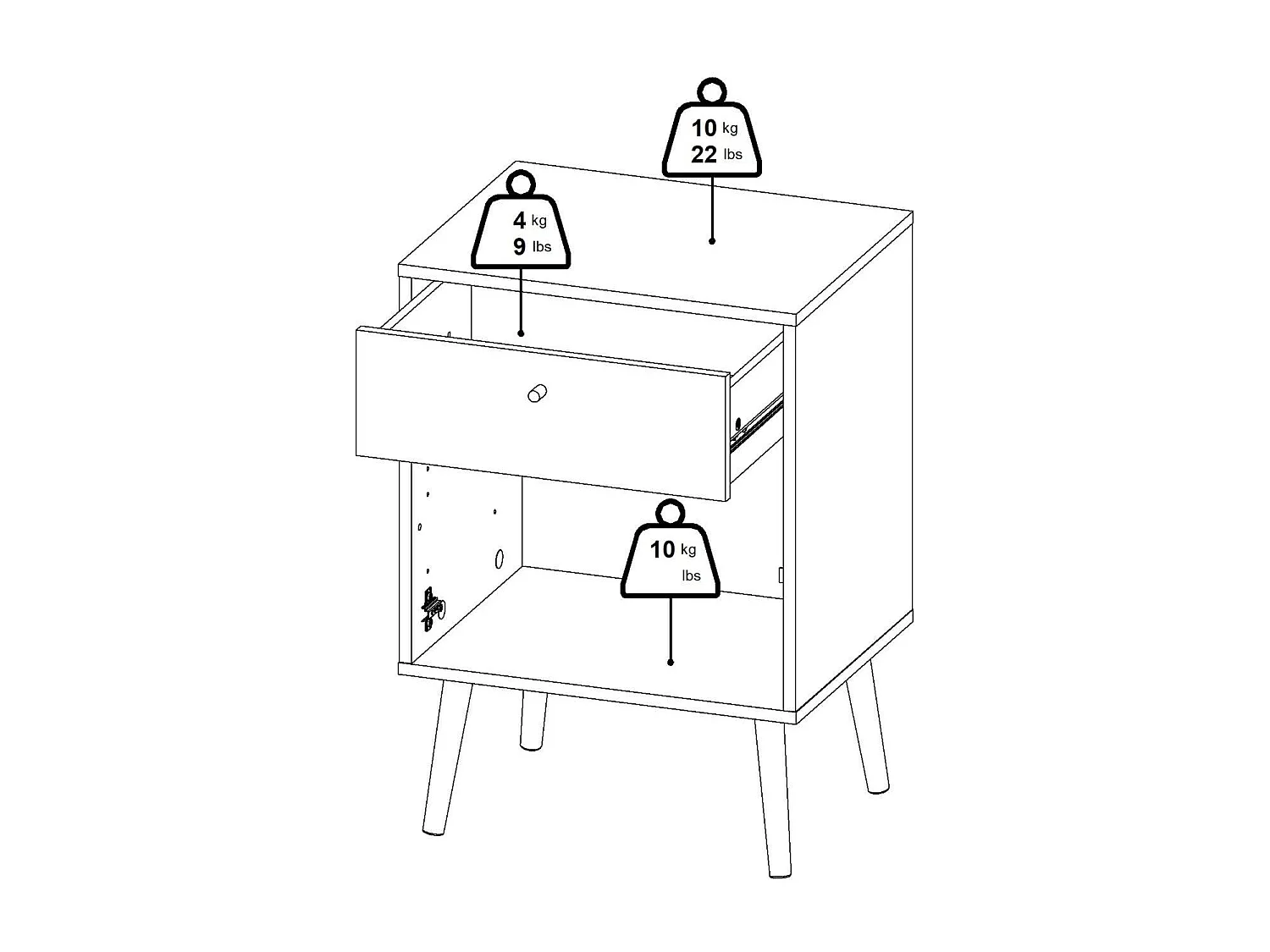 Dsal nachtkastje, Lage ladekast, Nachtkastje, Bedplank, 50x39 h72 cm, Wit