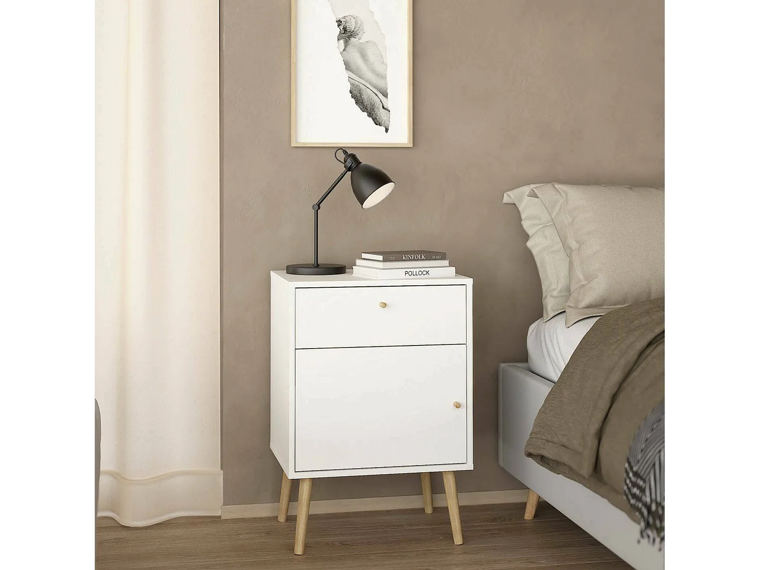 Mesa de cabeceira Dsal, Cómoda baixa, Mesa de cabeceira, Prateleira de cama, 50x39 h72 cm, Branco