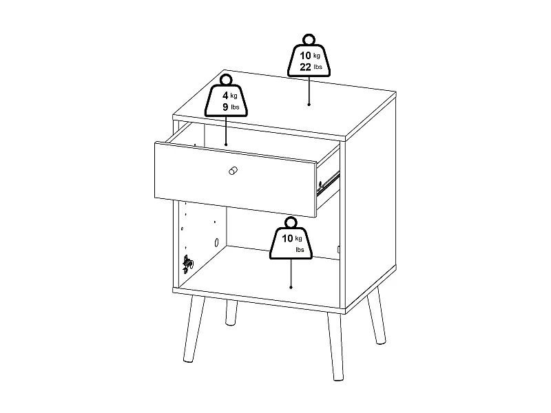 Chevet Dsal, Commode basse, Table de nuit, Étagère de chevet, 50x39 h72 cm, Blanc