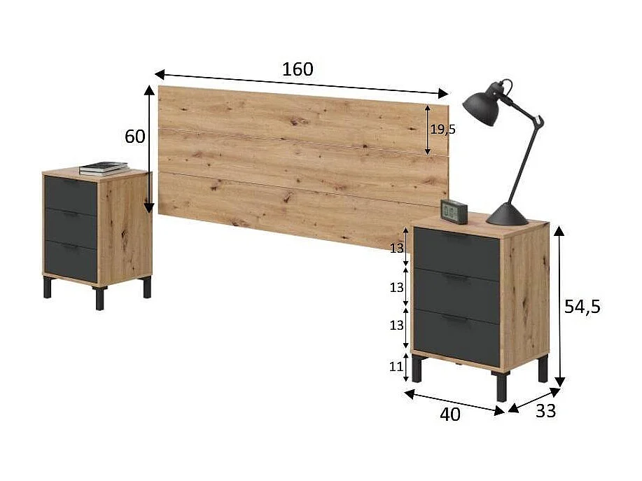 Mesa de cabeceira Damoros, Jogo de quarto, Cabeceira e 2 mesas de cabeceira com 3 gavetas, 160x2 cm, Carvalho efeito nó e Antracite