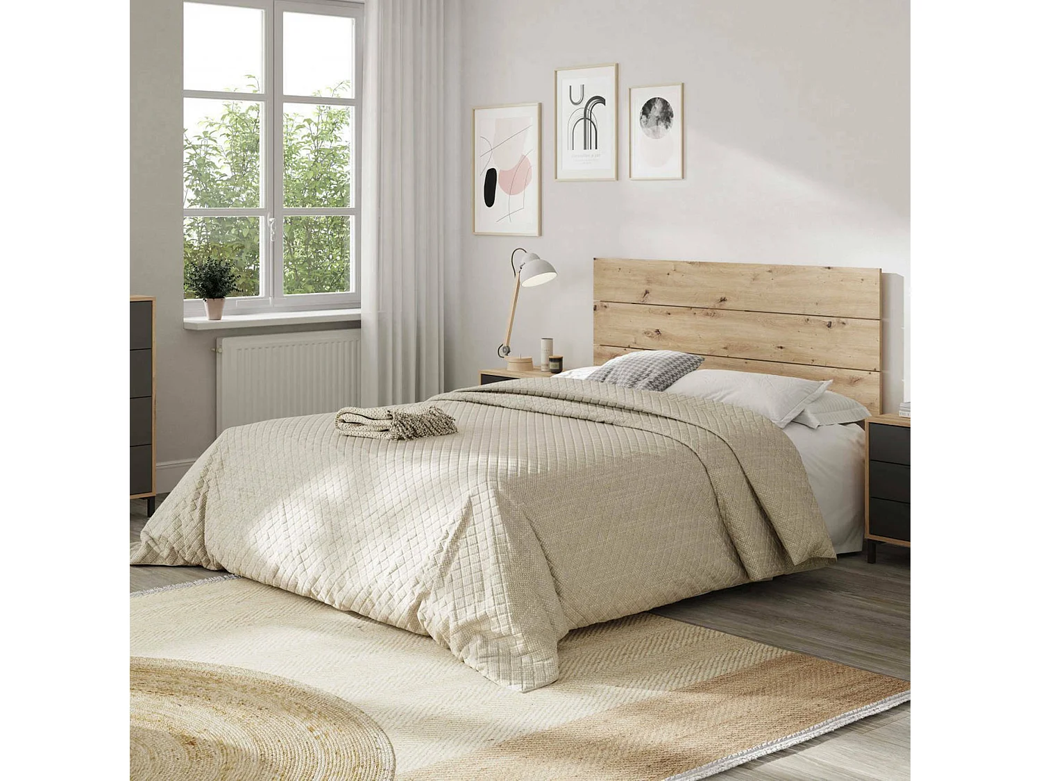 Damoros nachtkastje, slaapkamerset, hoofdeinde en 2 nachtkastjes met 3 lades, 160x2 cm, eiken en antraciet met knoopeffect