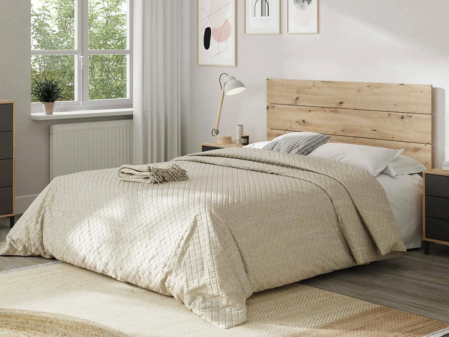 Damoros nachtkastje, slaapkamerset, hoofdeinde en 2 nachtkastjes met 3 lades, 160x2 cm, eiken en antraciet met knoopeffect