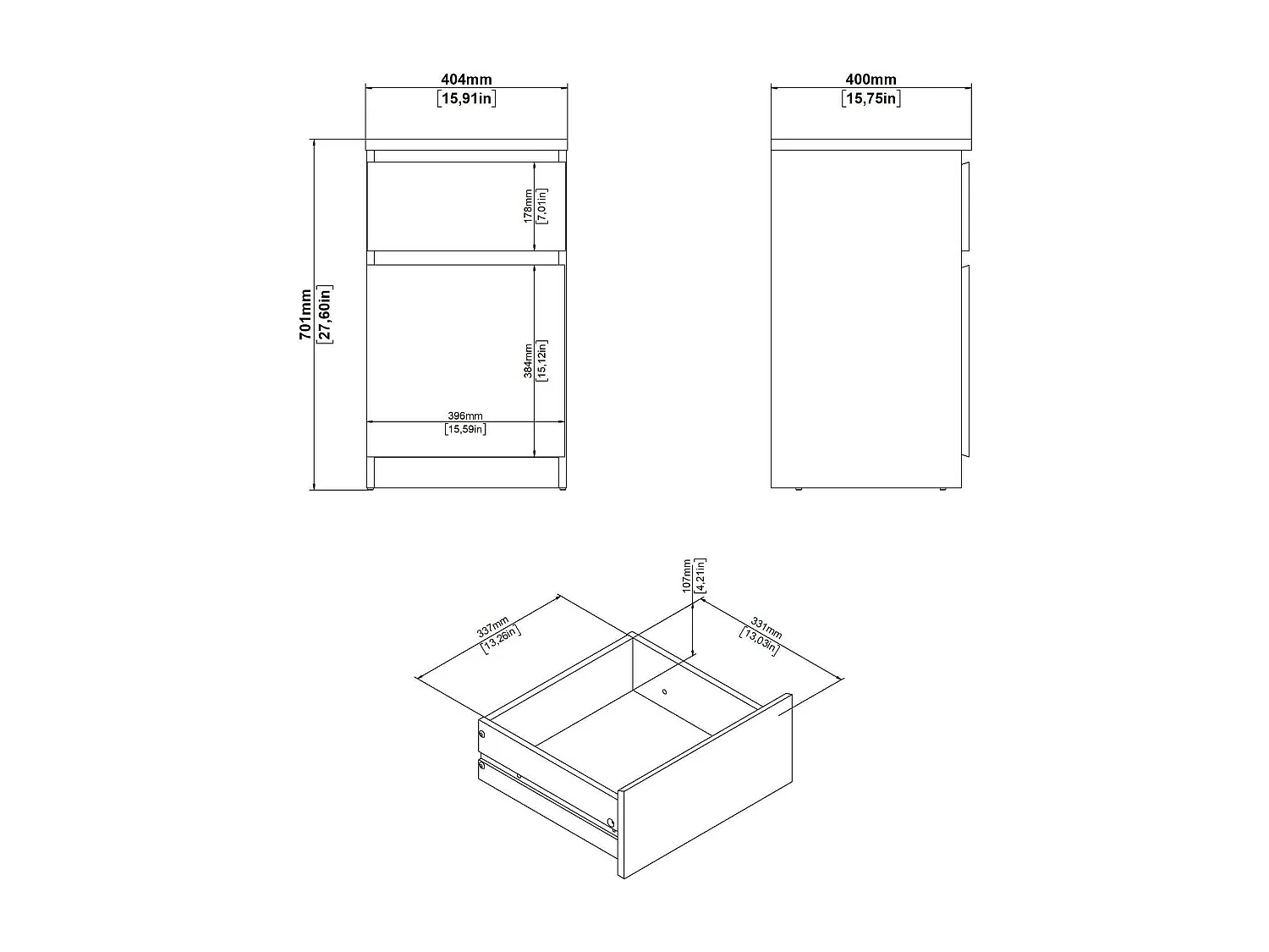 Francoise nachtkastje, Lage ladekast, Nachtkastje, Bedplank, 40x40 h70 cm, Wit en Eiken