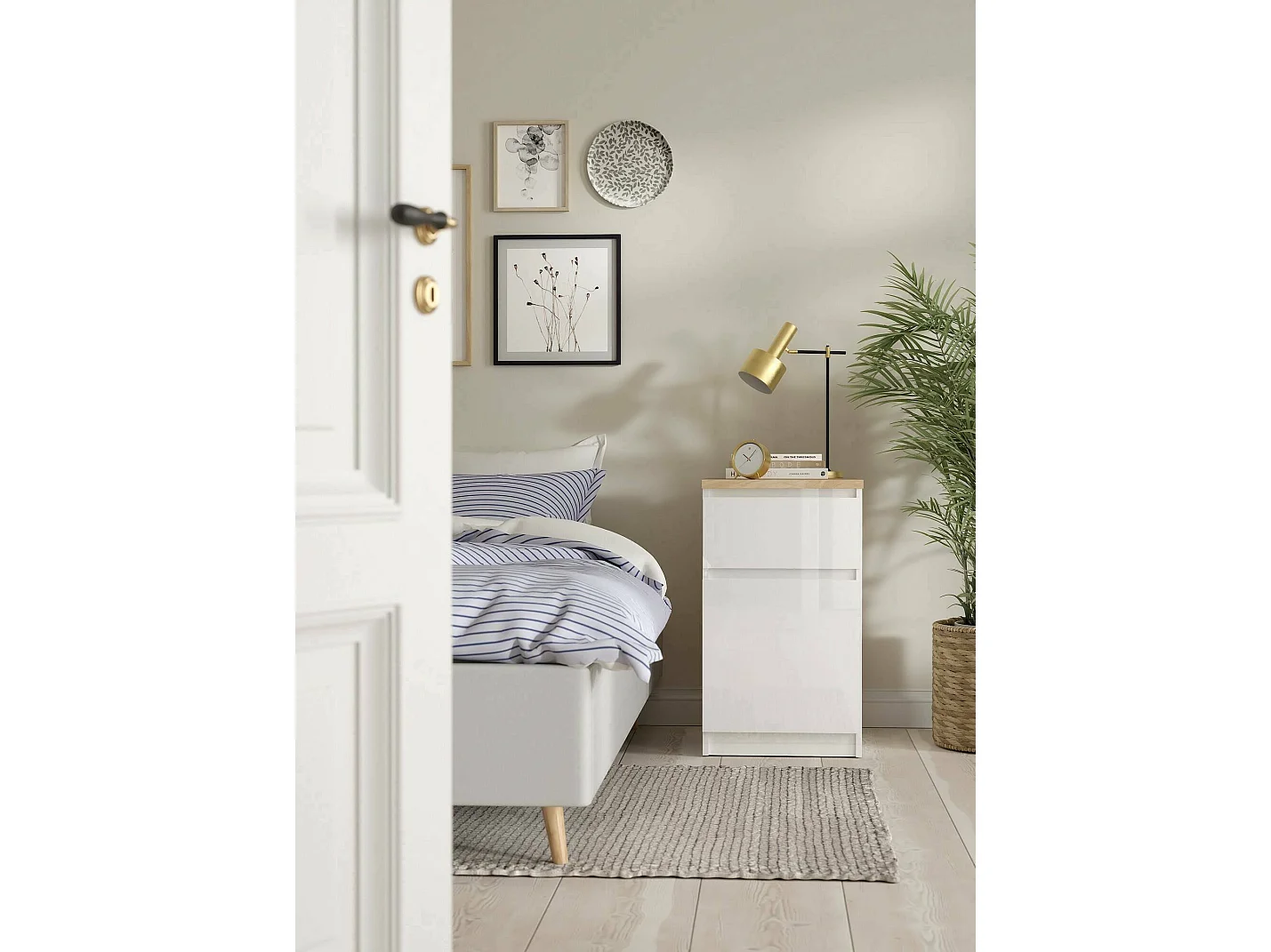 Mesa de noche Francoise, Cómoda baja, Mesilla de noche, Estante de la cama, 40x40 h70 cm, Blanco y Roble