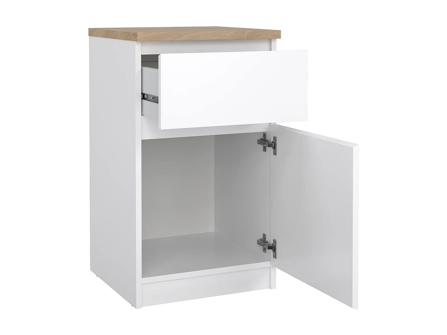 Mesa de noche Francoise, Cómoda baja, Mesilla de noche, Estante de la cama, 40x40 h70 cm, Blanco y Roble