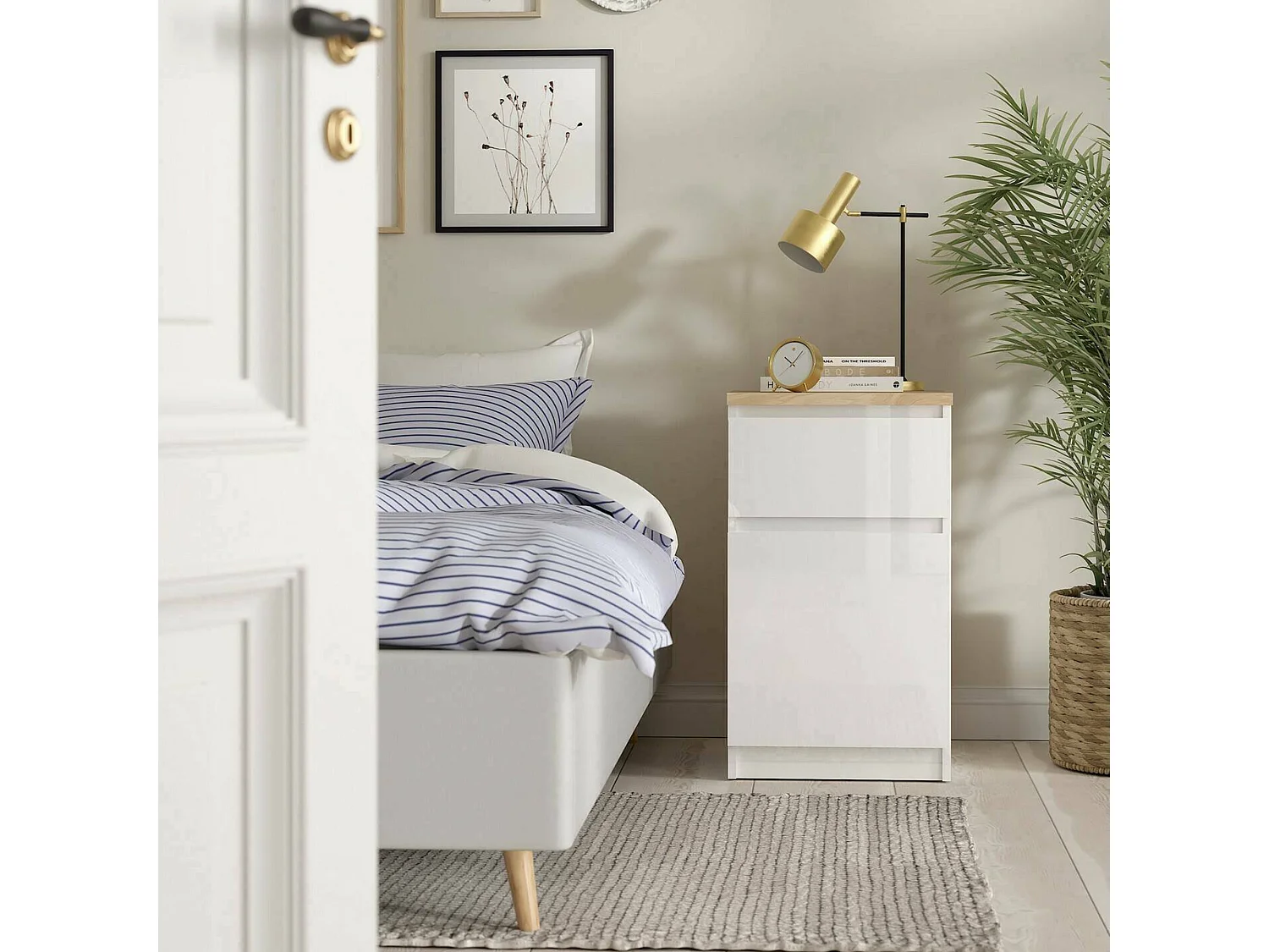 Chevet Francoise, Commode basse, Table de nuit, Étagère de chevet, 40x40 h70 cm, Blanc et Chêne clair