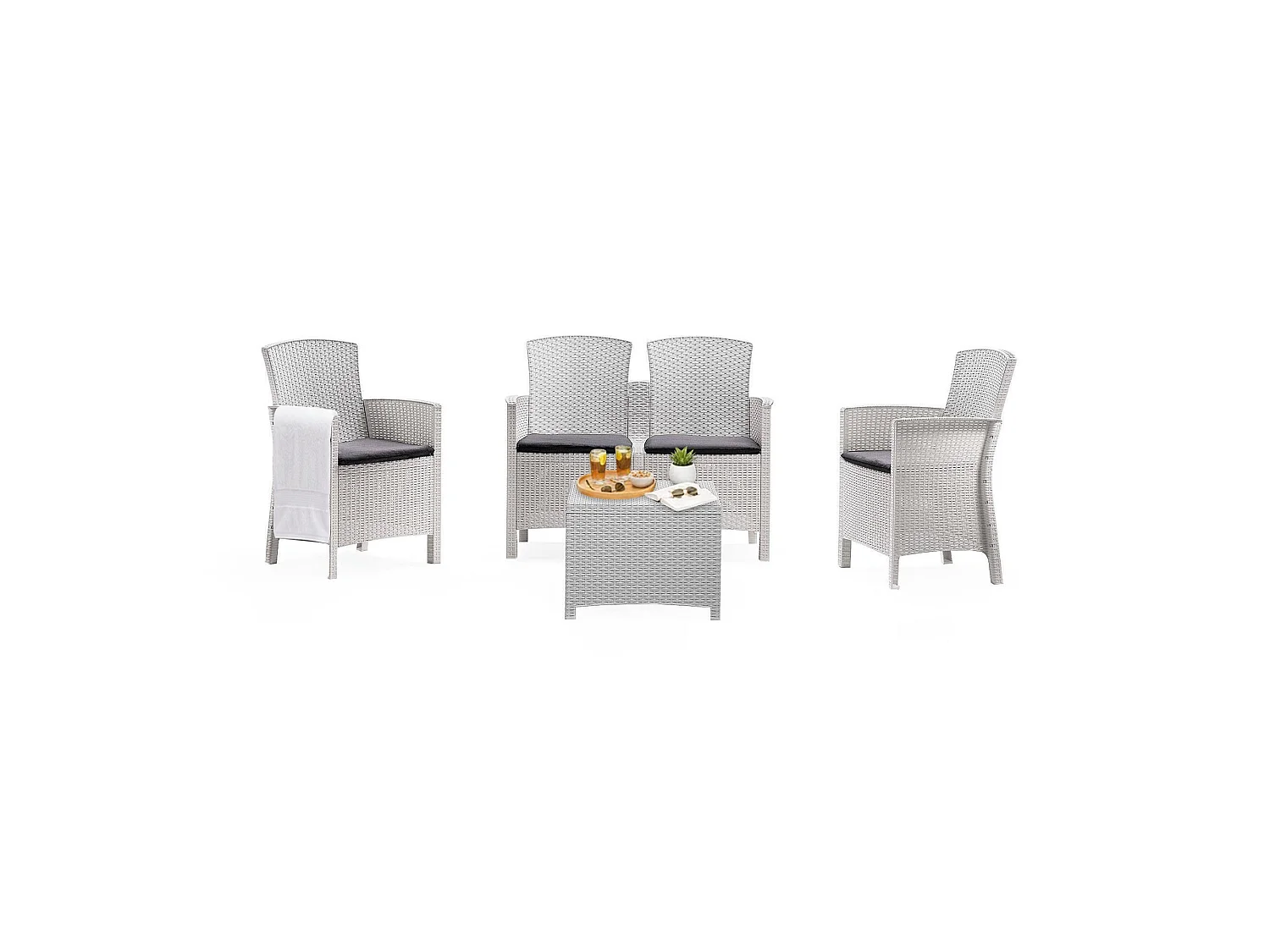 Dmora set Salotto da Esterno Urano Bianco 4 Posti Antiurto, Waterproof, 100% Resina Riciclabile, Lavabile, Salottino Outdoor un Tavolino Made in Italy
