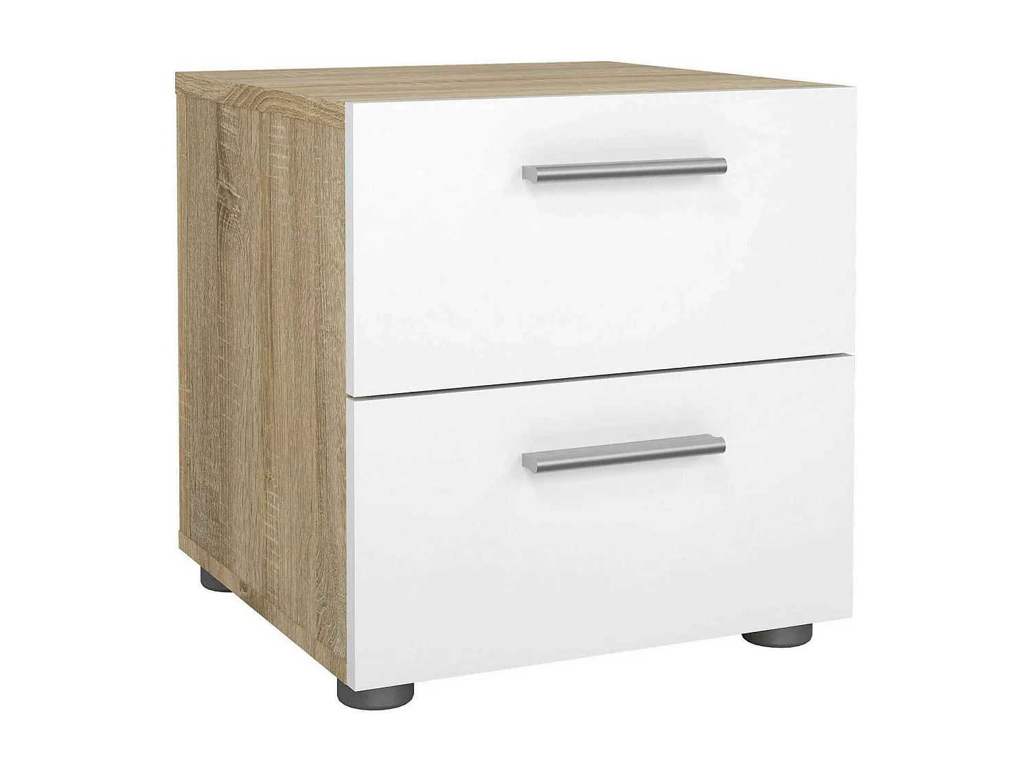 Chevet Druotol, Commode basse, Table de nuit, Étagère de chevet, 40x40 h42 cm, Chêne et Blanc