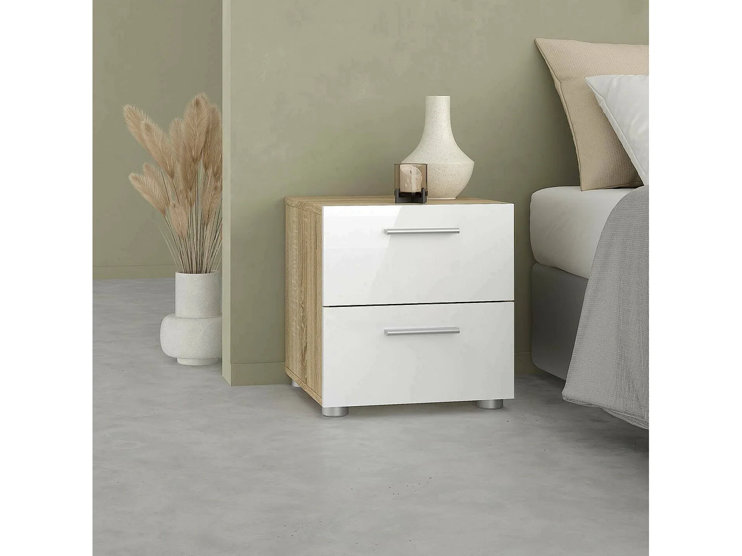 Chevet Druotol, Commode basse, Table de nuit, Étagère de chevet, 40x40 h42 cm, Chêne et Blanc