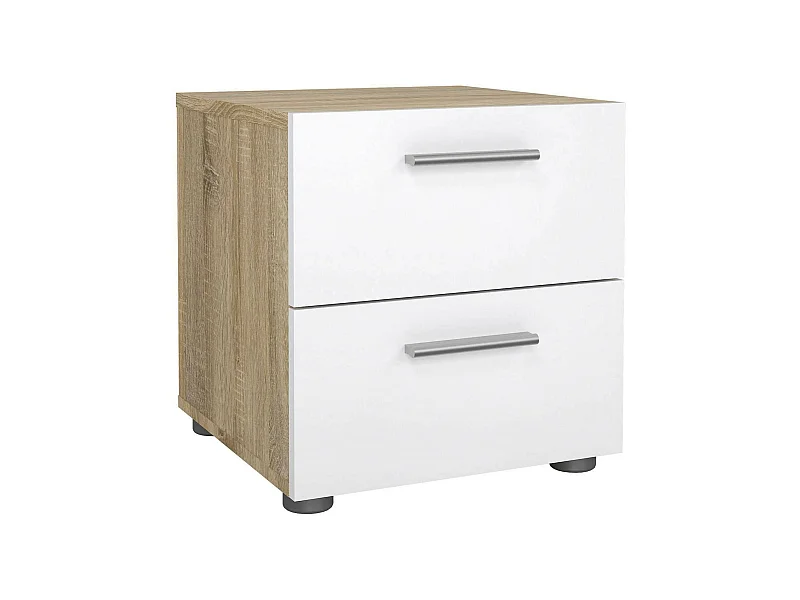 Chevet Druotol, Commode basse, Table de nuit, Étagère de chevet, 40x40 h42 cm, Chêne et Blanc
