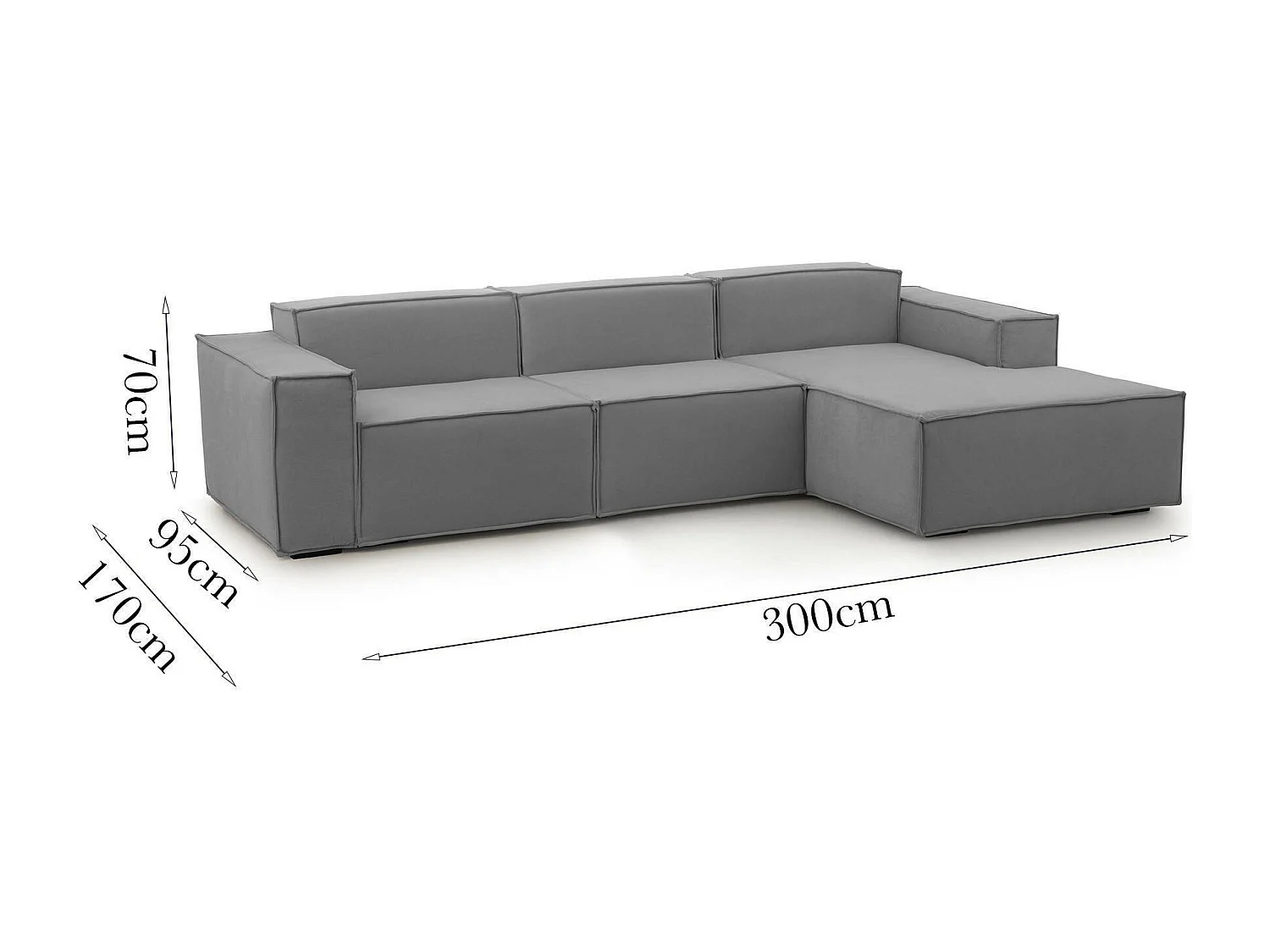 Festes Sofa Ddzek, Modulares 3-Sitzer-Sofa mit rechter Halbinsel, 100% Made in Italy, Modernes Sofa aus Stoff, Cm 300x170h70, Grau