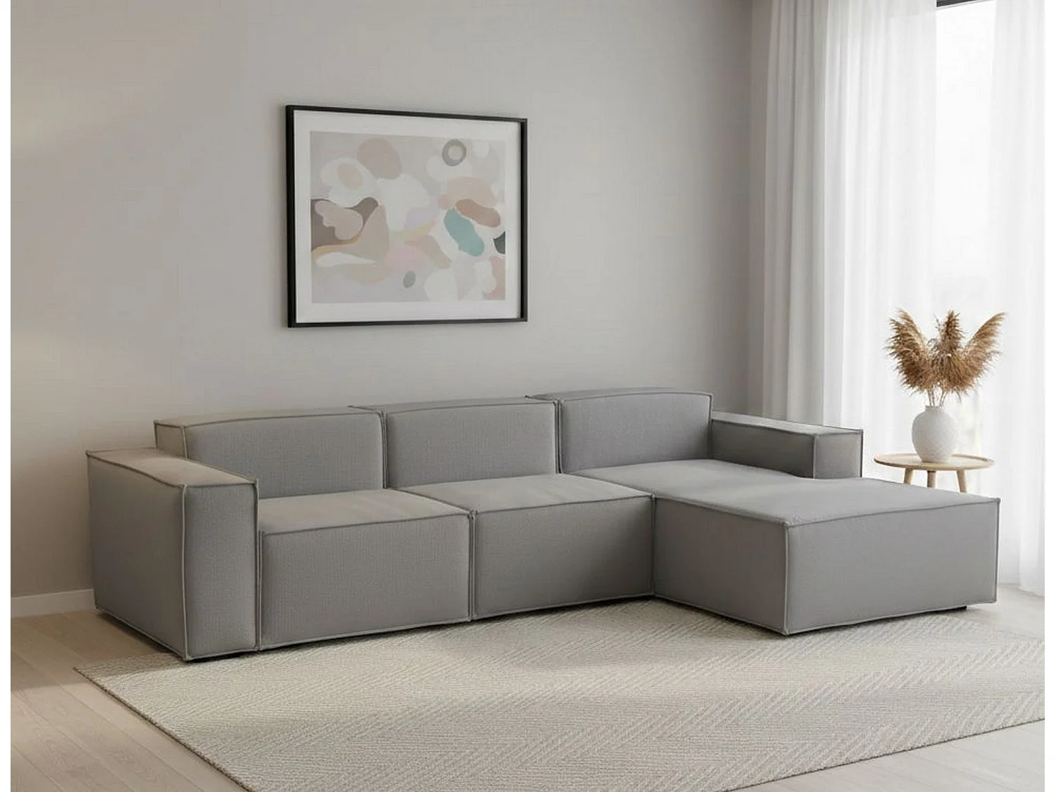 Canapé fixe Ddzek, canapé modulable 3 places avec péninsule droite, 100% Made in Italy, Canapé moderne en tissu, 300x170h70 cm, Gris