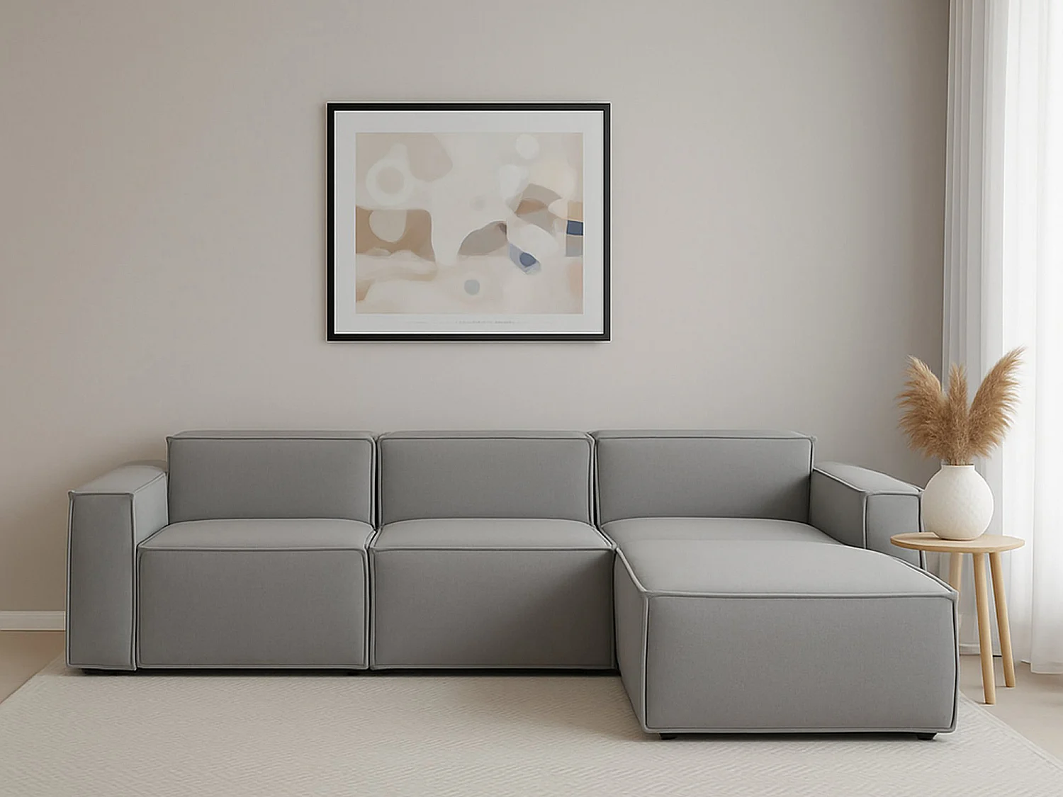 Canapé fixe Ddzek, canapé modulable 3 places avec péninsule droite, 100% Made in Italy, Canapé moderne en tissu, 300x170h70 cm, Gris