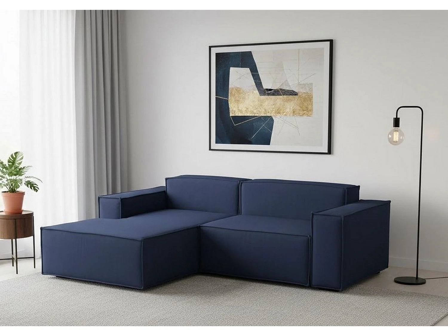 Dkivil vaste bank, 2-zits modulaire bank met linkerschiereiland, 100% Made in Italy, Moderne stoffen bank, 220x170h70 cm, Blauw