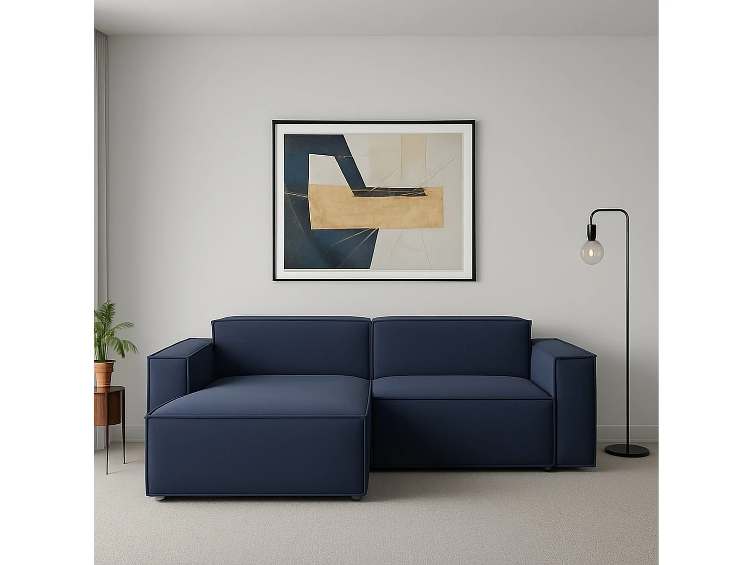 Canapé fixe Dkivil, canapé modulable 2 places avec péninsule gauche, 100% Made in Italy, Canapé moderne en tissu, 220x170h70 cm, Bleu