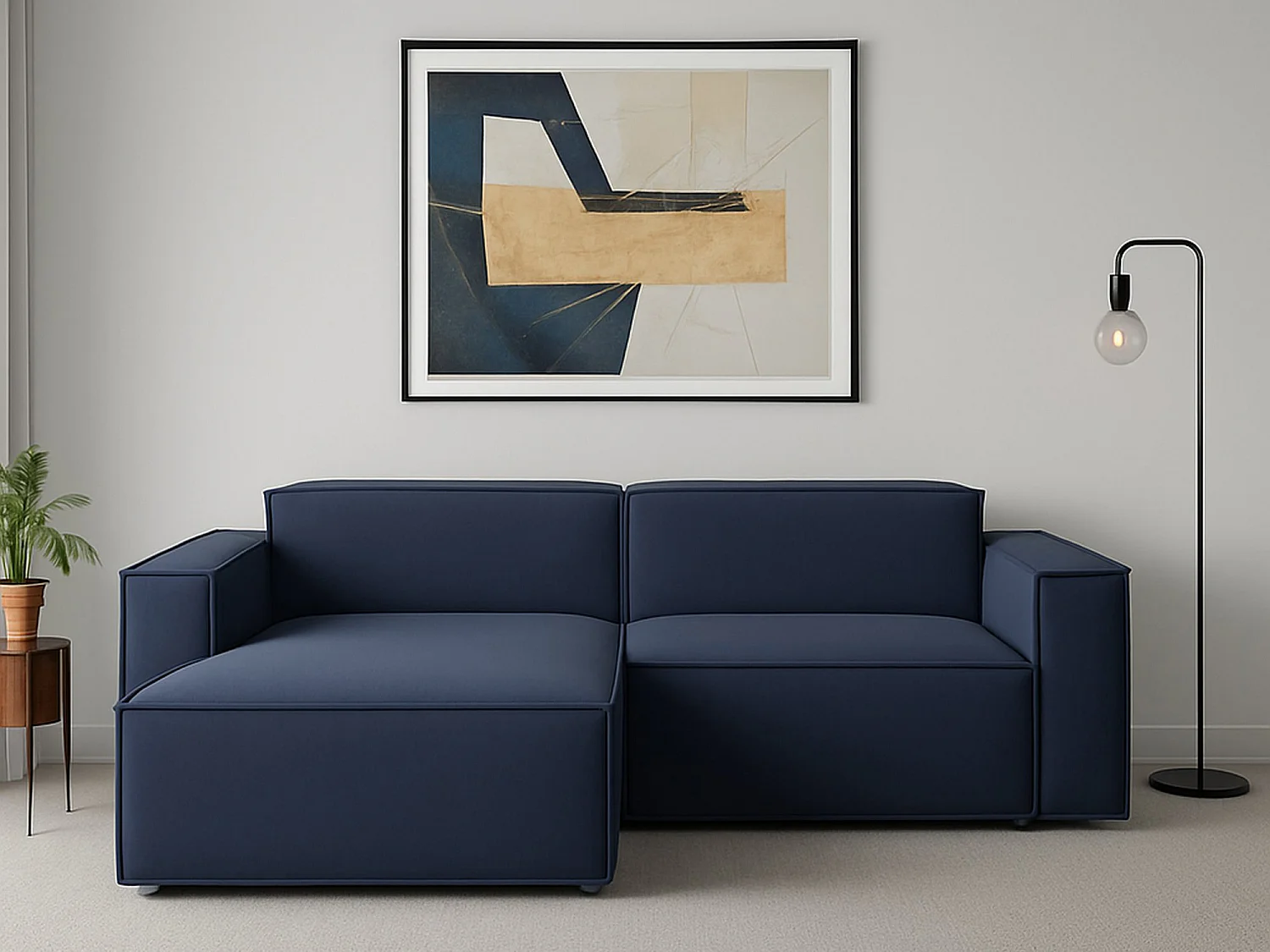 Dkivil vaste bank, 2-zits modulaire bank met linkerschiereiland, 100% Made in Italy, Moderne stoffen bank, 220x170h70 cm, Blauw