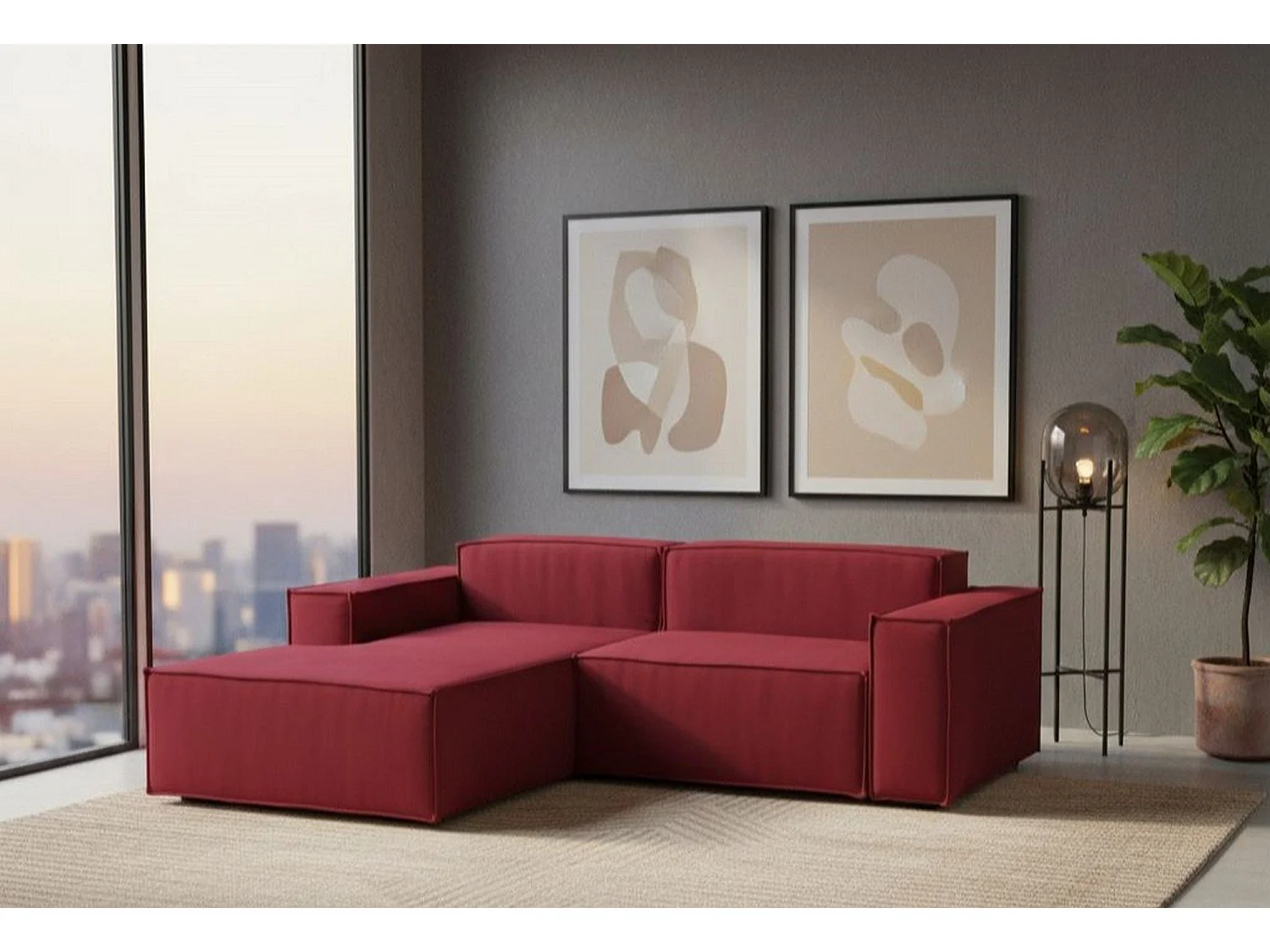 Canapé fixe Daniela, Grand canapé modulable 2 places avec péninsule gauche, 100% Made in Italy, Canapé moderne en tissu, 240x170h70 cm, Rouge