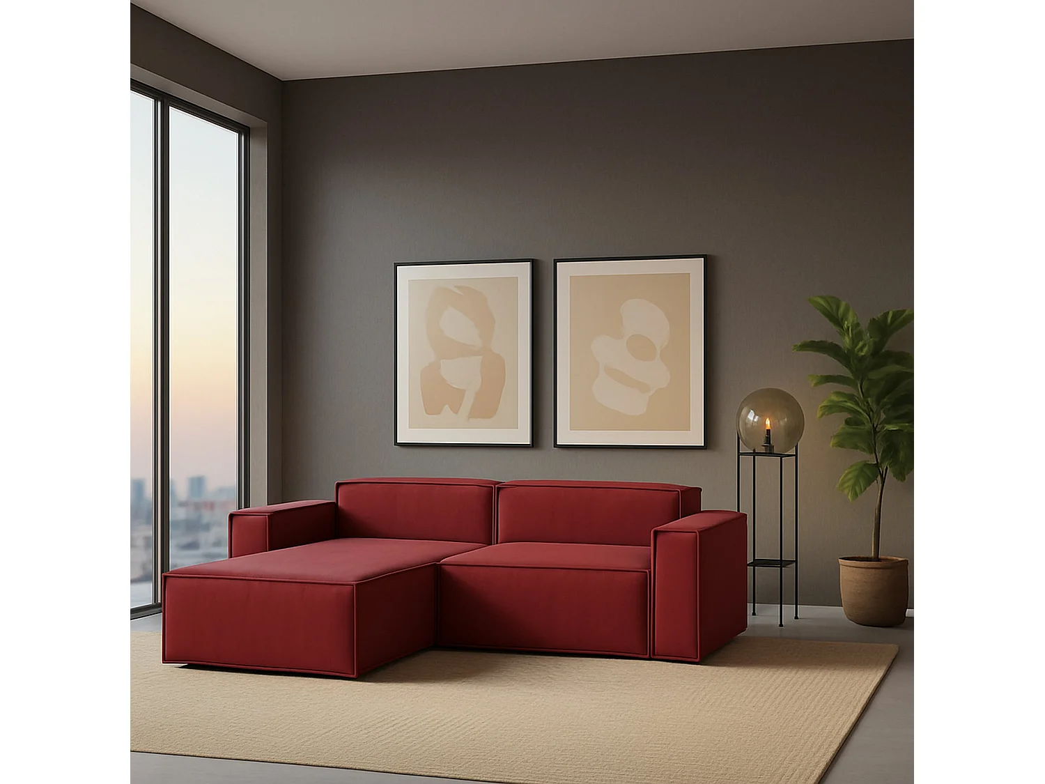 Sofá fixo Daniela, Sofá modular grande de 2 lugares com península esquerda, 100% Fabricado na Itália, Sofá de tecido moderno, 240x170h70 cm, Vermelho