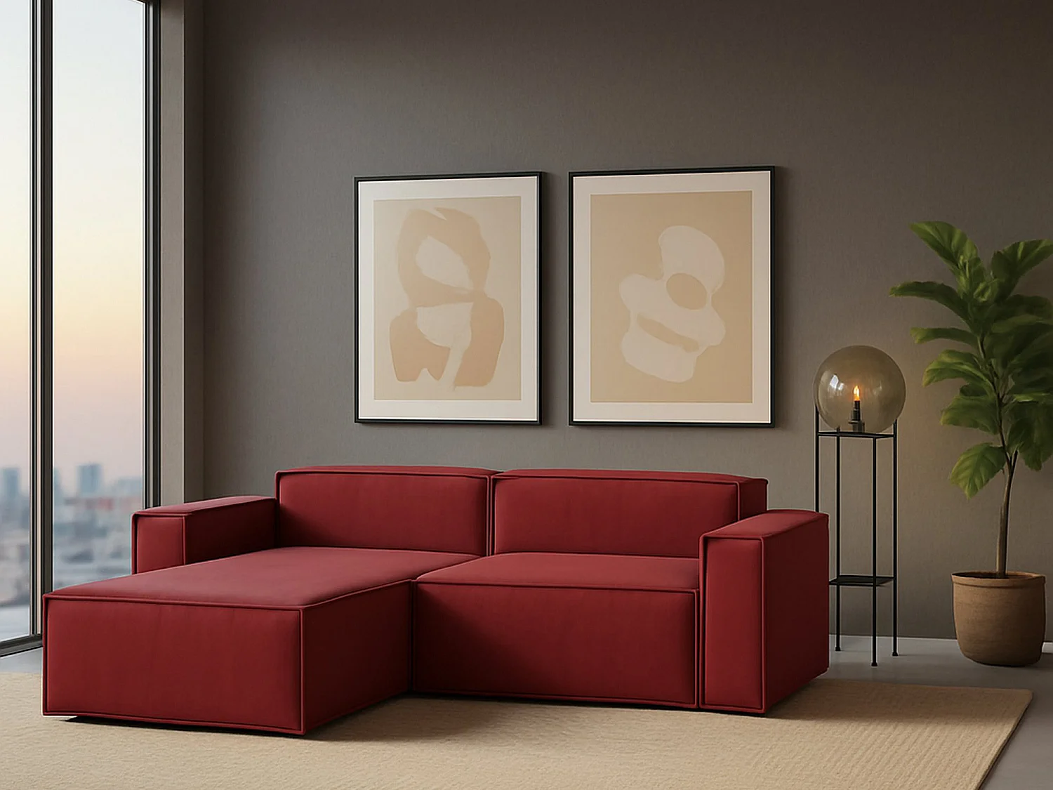 Sofá fixo Daniela, Sofá modular grande de 2 lugares com península esquerda, 100% Fabricado na Itália, Sofá de tecido moderno, 240x170h70 cm, Vermelho