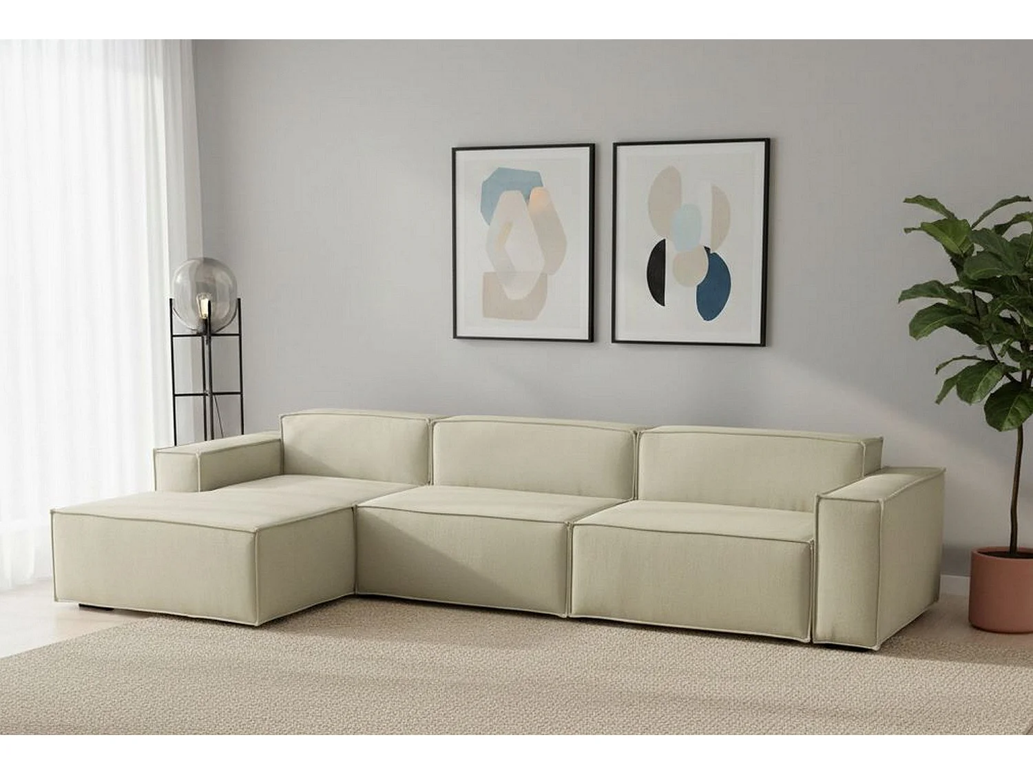 Dgarzy vaste bank, 4-zits modulaire bank met linkerschiereiland, 100% Made in Italy, Moderne stoffen bank, 340x170h70 cm, Beige