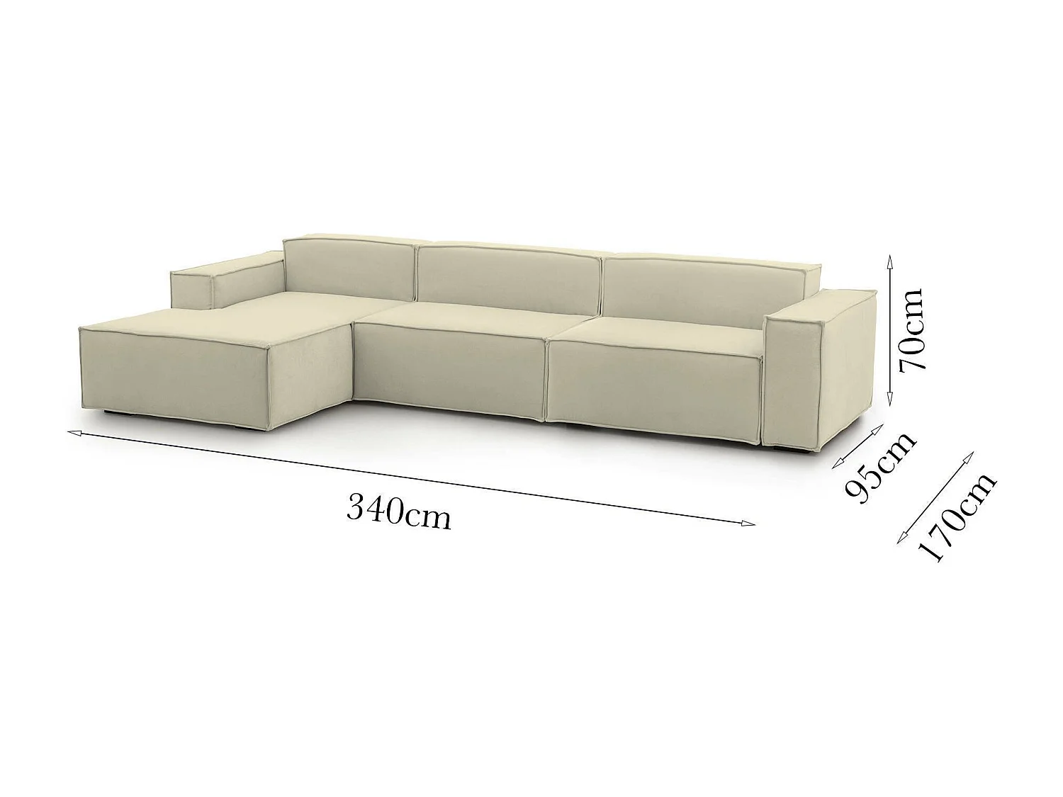 Divano Fisso con Penisola Atrillo, Sfoderabile Made in Italy, 170x340 cm Beige