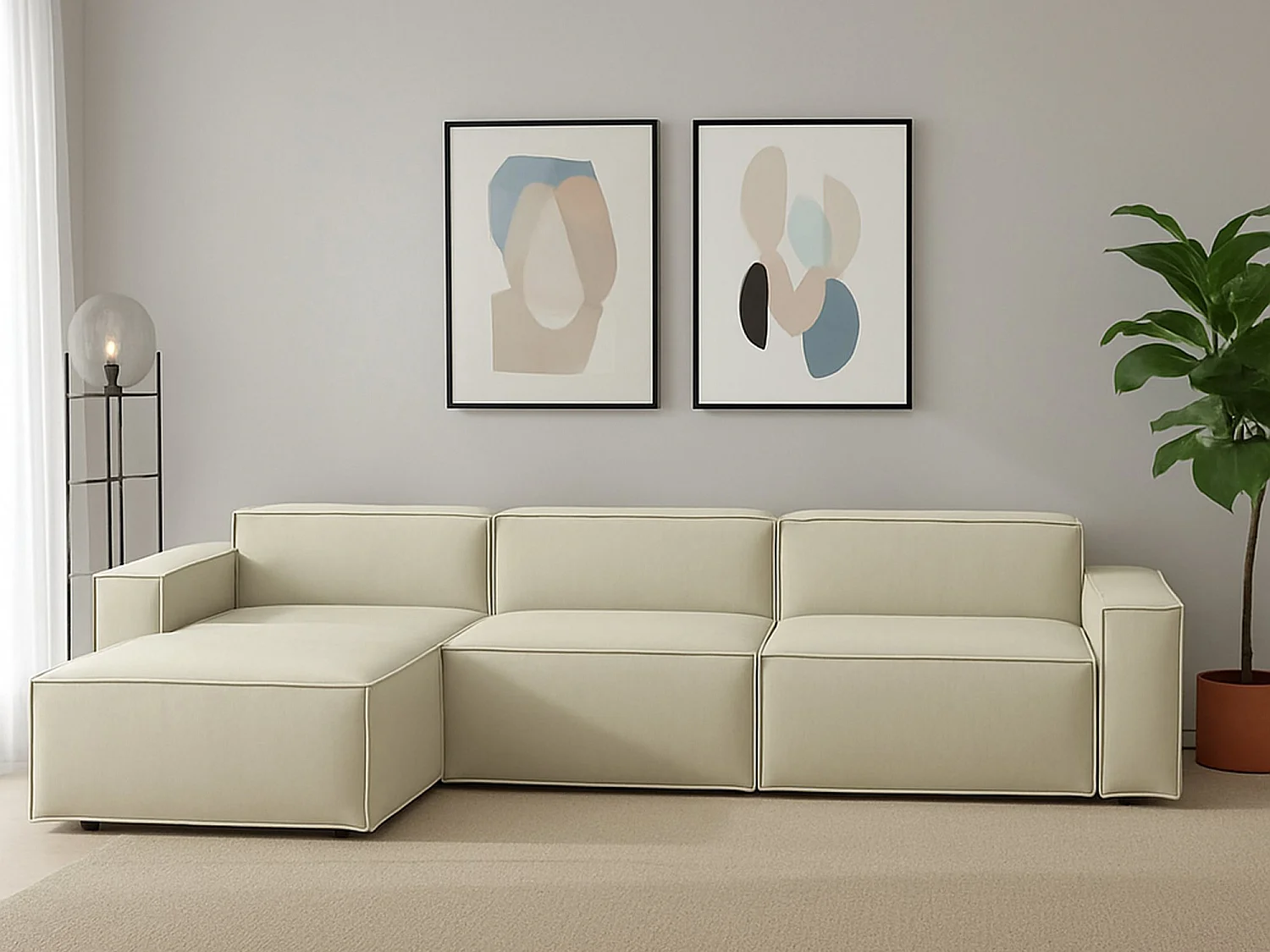 Divano Fisso con Penisola Atrillo, Sfoderabile Made in Italy, 170x340 cm Beige