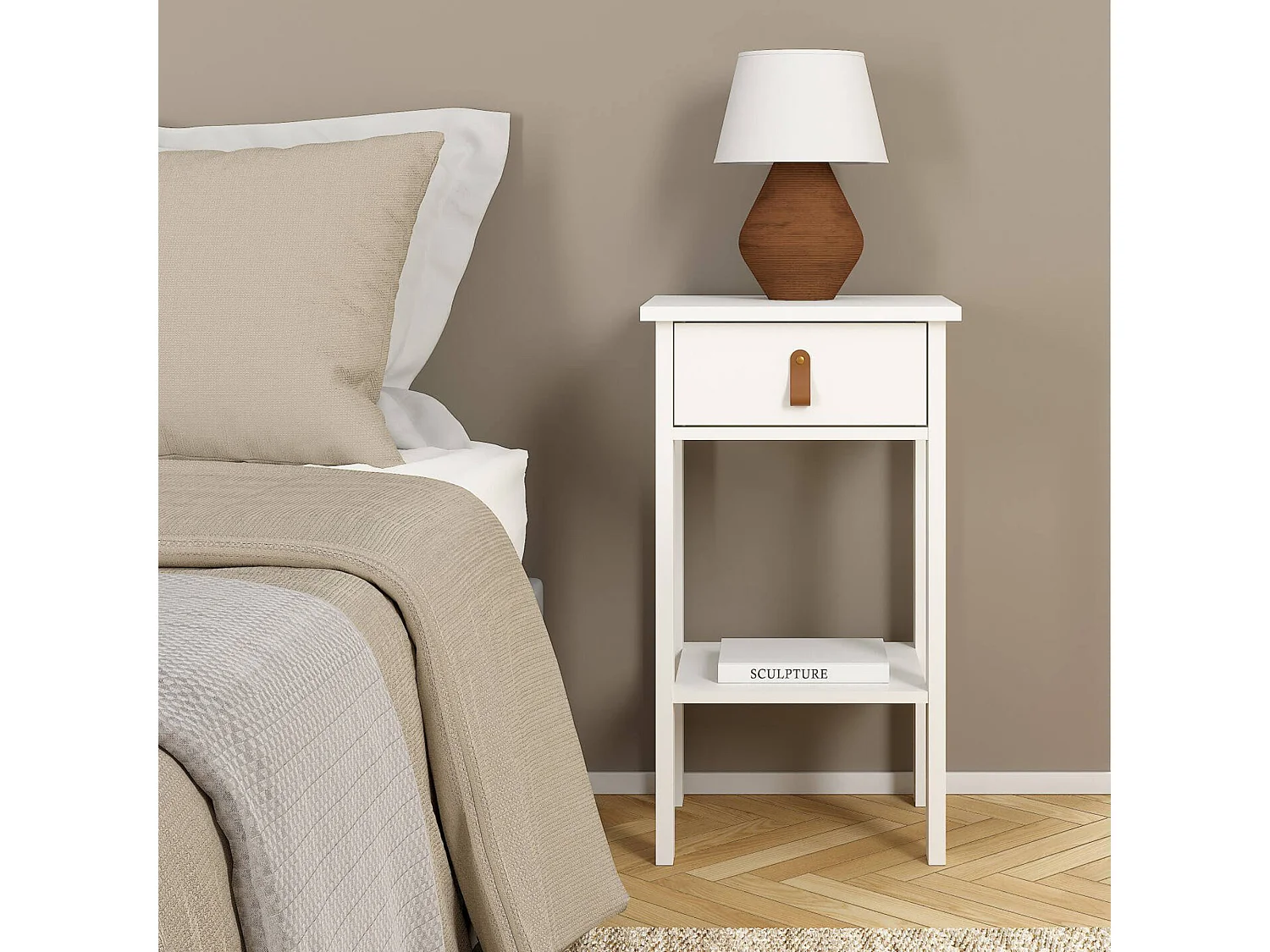 Chevet Dsabir, Commode basse, Table de nuit, Étagère de chevet, 40x34 h70 cm, Blanc