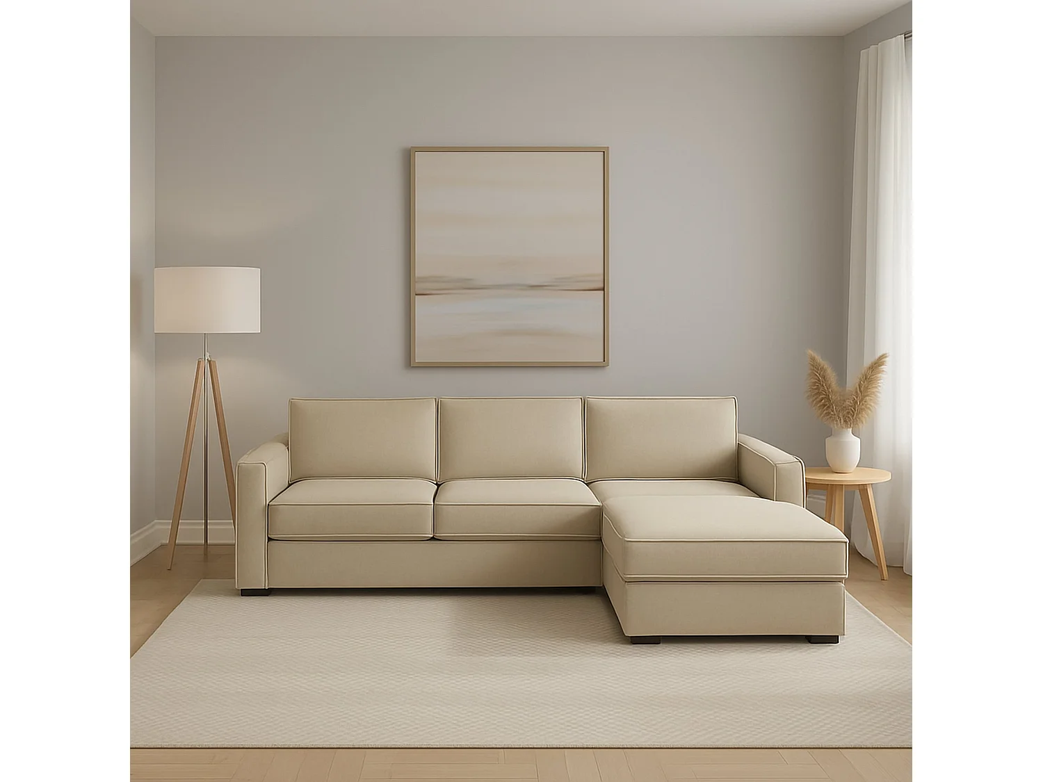 Divano Fisso con Penisola Ametrino, Sfoderabile Made in Italy, 95x280 cm Beige
