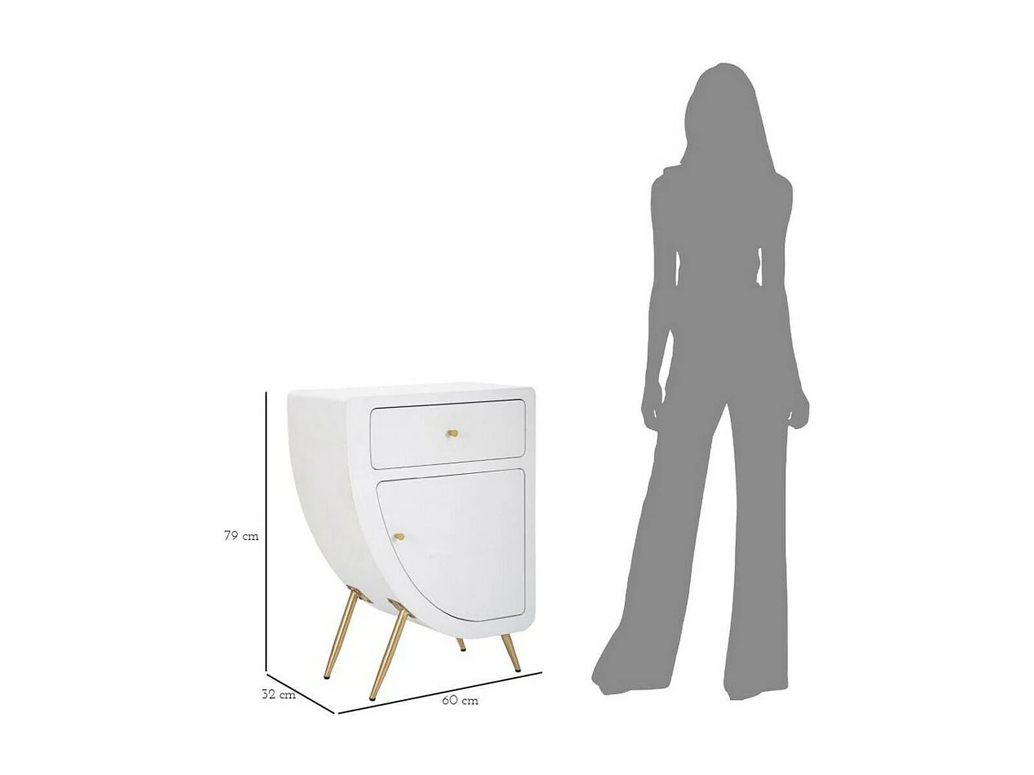 Mesa de cabeceira Suze, cómoda baixa, mesa de cabeceira, prateleira de cama, branco e dourado, 60x32 h79 cm
