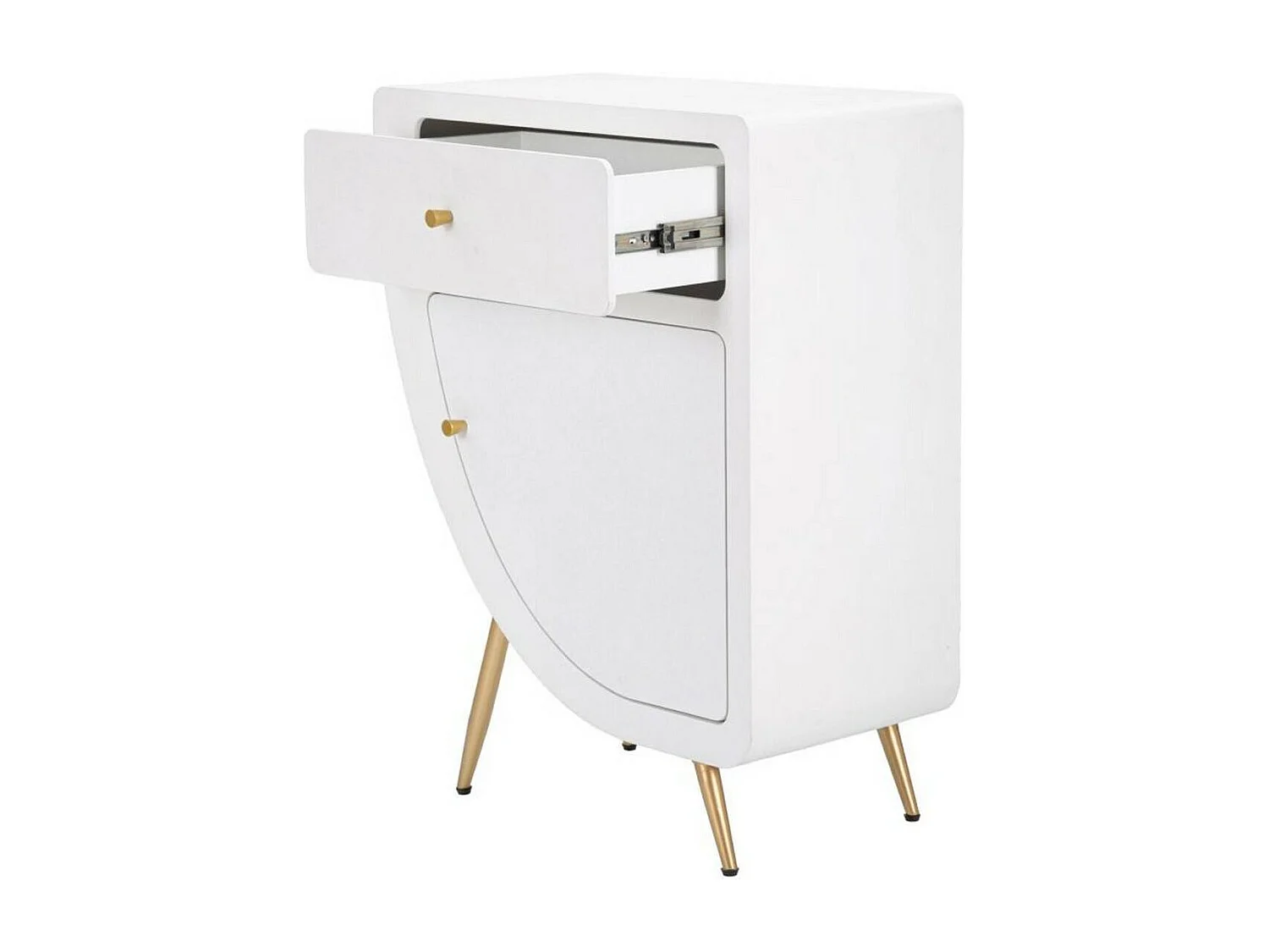 Mesa de cabeceira Suze, cómoda baixa, mesa de cabeceira, prateleira de cama, branco e dourado, 60x32 h79 cm
