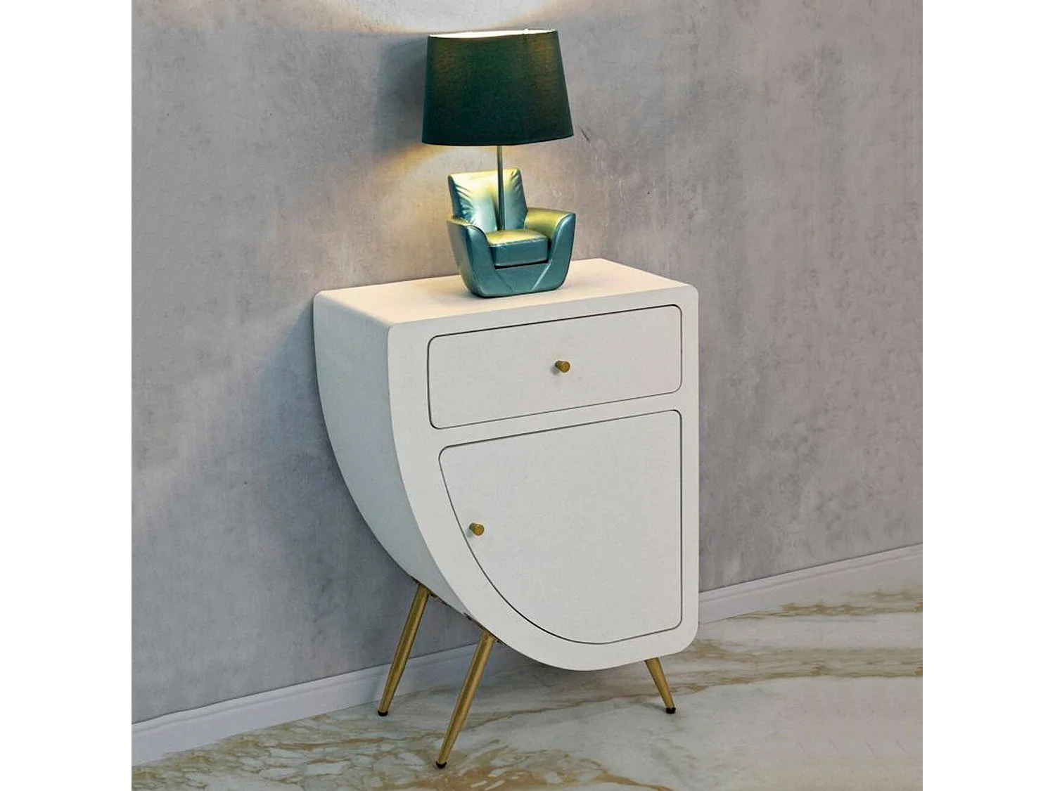 Chevet Suze, Commode basse, Table de nuit, Étagère de chevet, Blanc et Or, 60x32 h79 cm