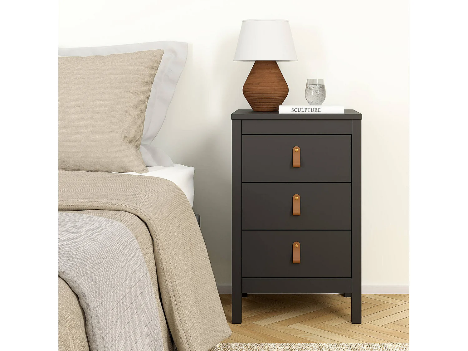 Chevet Dsain, Commode basse, Table de nuit, Étagère de chevet, 44x38 h70 cm, Noir