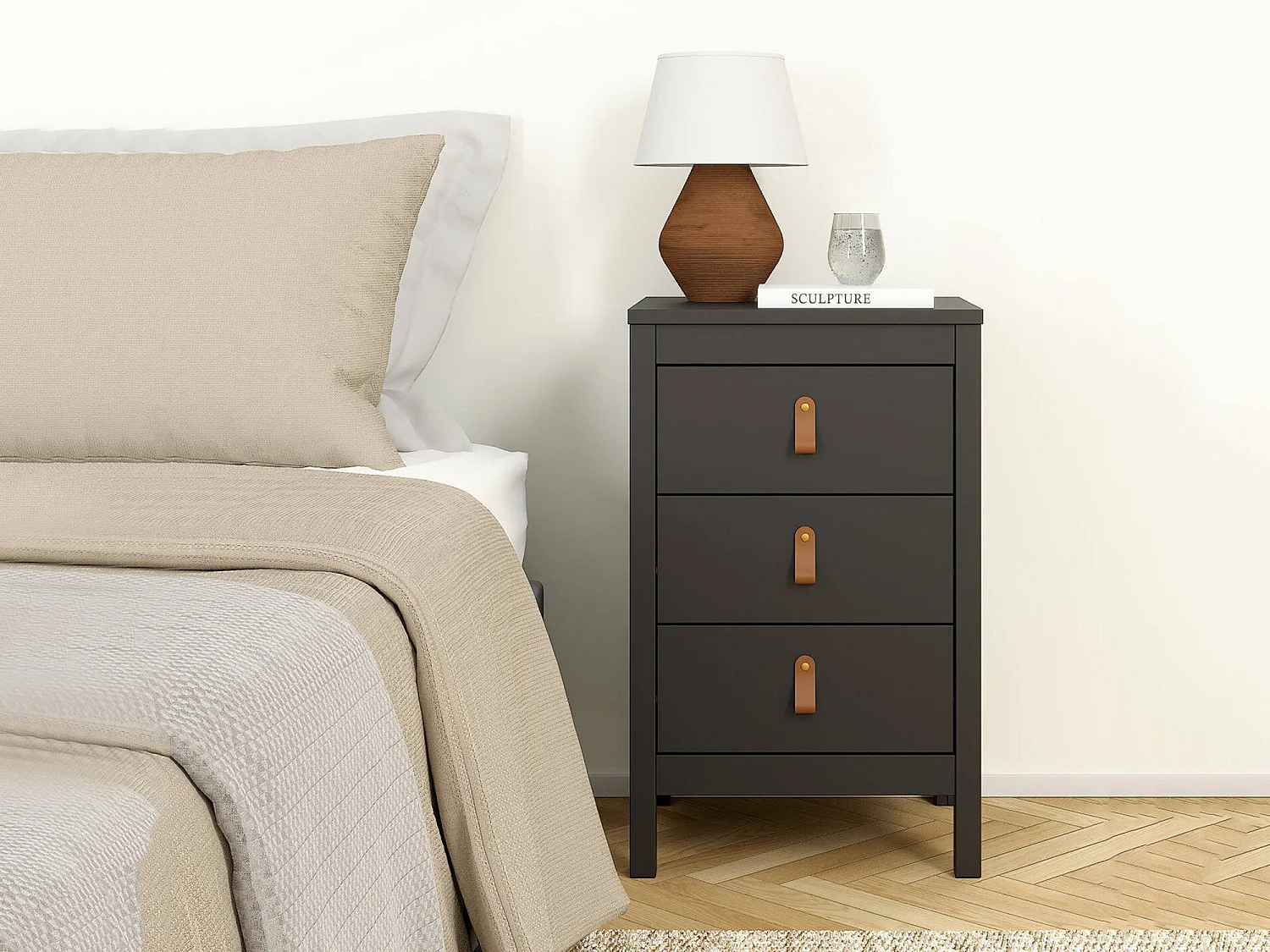 Chevet Dsain, Commode basse, Table de nuit, Étagère de chevet, 44x38 h70 cm, Noir