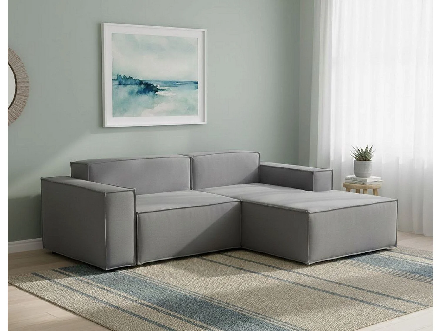 Sofá fijo Lidia, Gran Sofá modular de 2 plazas con península a la derecha, 100% Made in Italy, Sofá moderno en tela, Cm 240x170h70, Gris