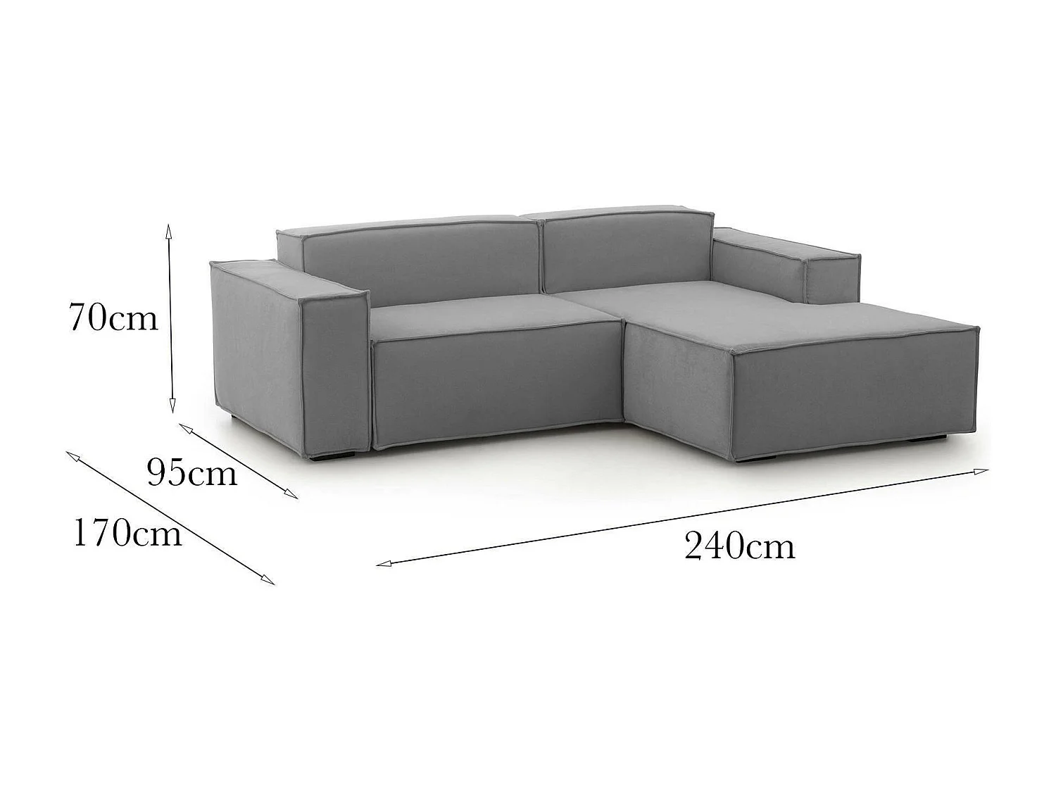 Sofá fijo Lidia, Gran Sofá modular de 2 plazas con península a la derecha, 100% Made in Italy, Sofá moderno en tela, Cm 240x170h70, Gris
