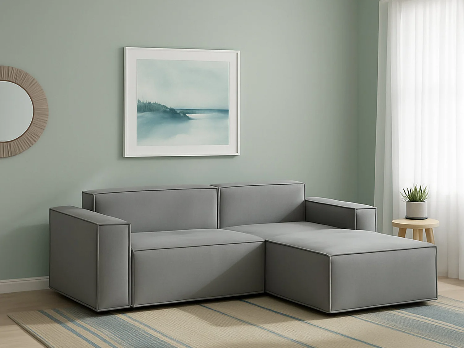 Divano fisso Lidia, Divano componibile a 2 posti large con penisola destra, 100% Made in Italy, Sofà moderno in tessuto, Cm 240x170h70, Grigio
