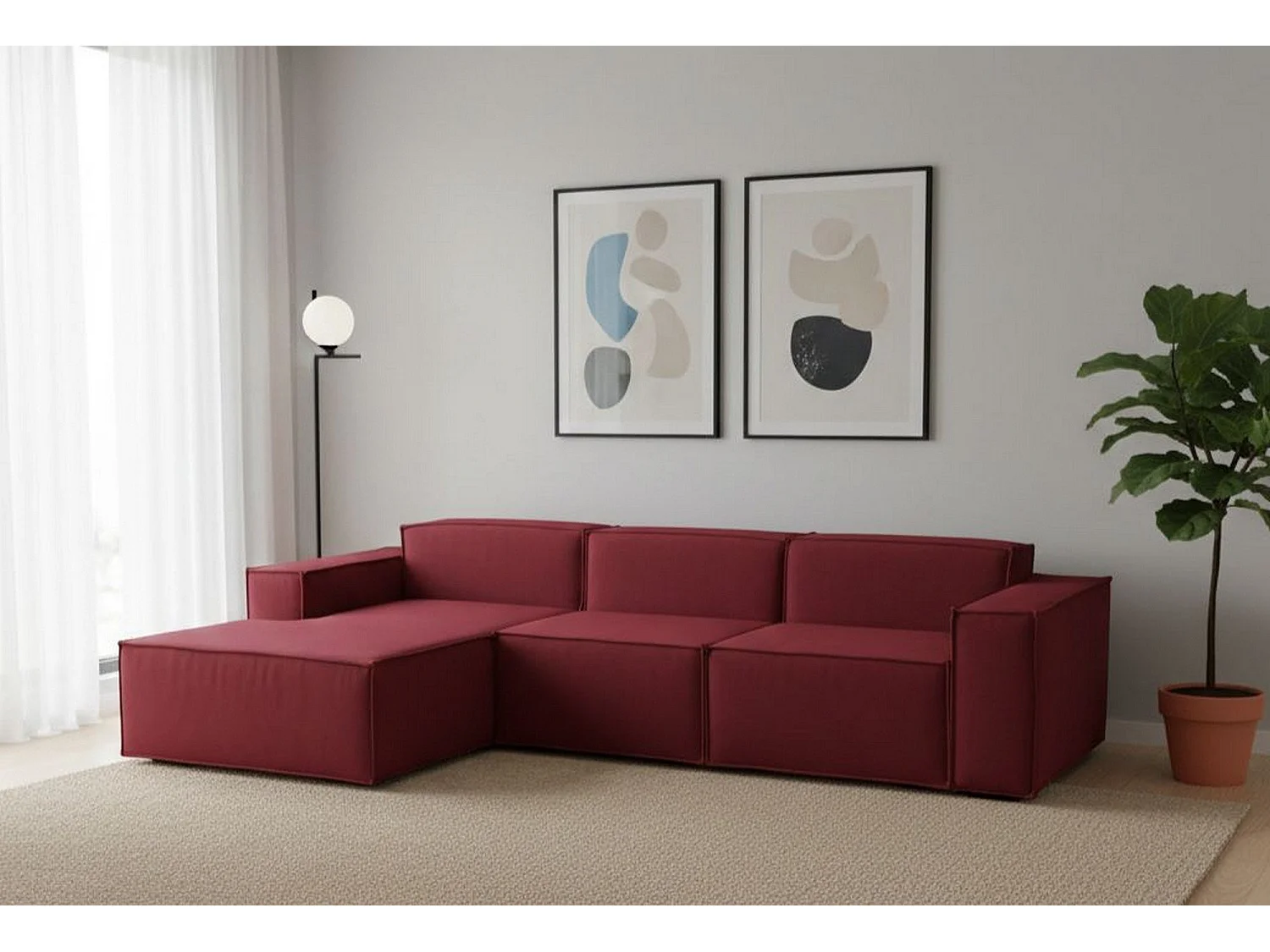 Sofá fixo Dflori, sofá modular de 3 lugares com península esquerda, 100% Fabricado na Itália, Sofá de tecido moderno, 300x170h70 cm, Vermelho