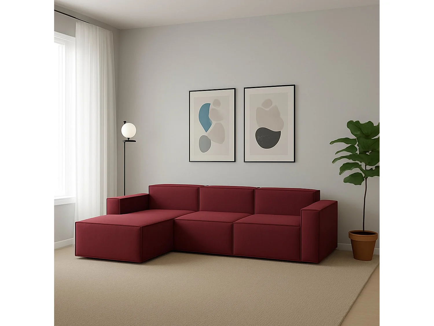 Dflori vaste bank, 3-zits modulaire bank met linkerschiereiland, 100% Made in Italy, Moderne stoffen bank, 300x170h70 cm, Rood
