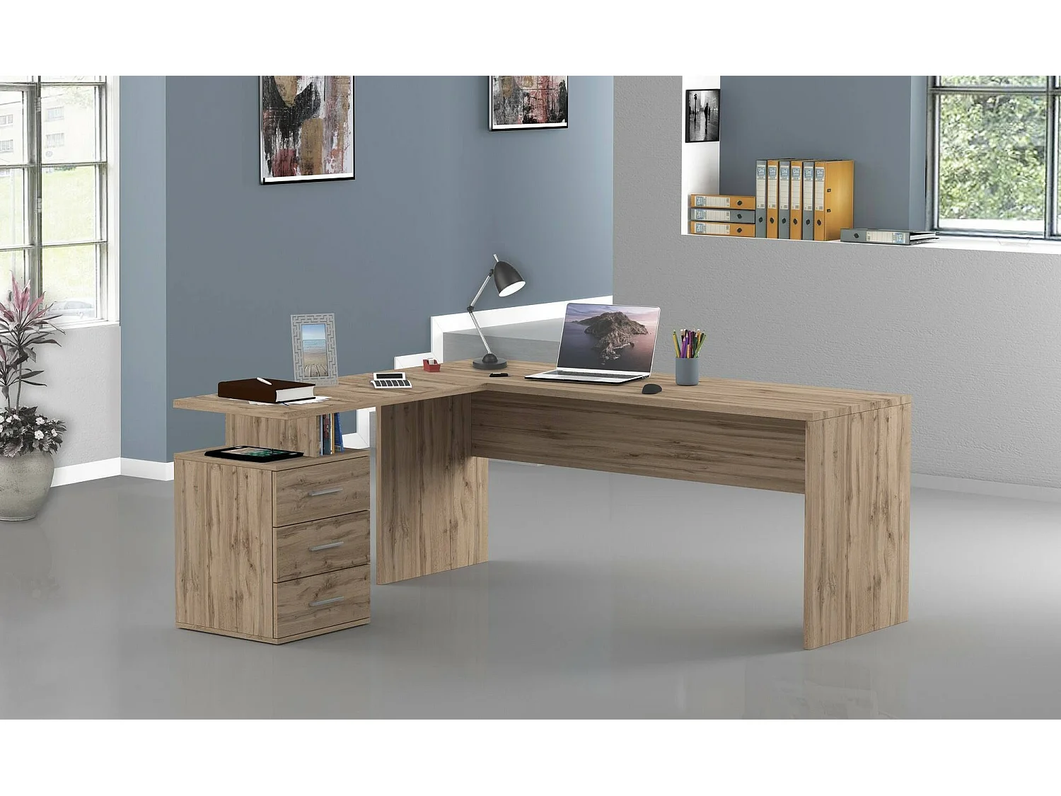 Dguarin Desk, Bureau PC d'angle, Table de bureau polyvalente, Bureau multi-positions peu encombrant, 100% Made in Italy, 160x60h75 cm, Chêne