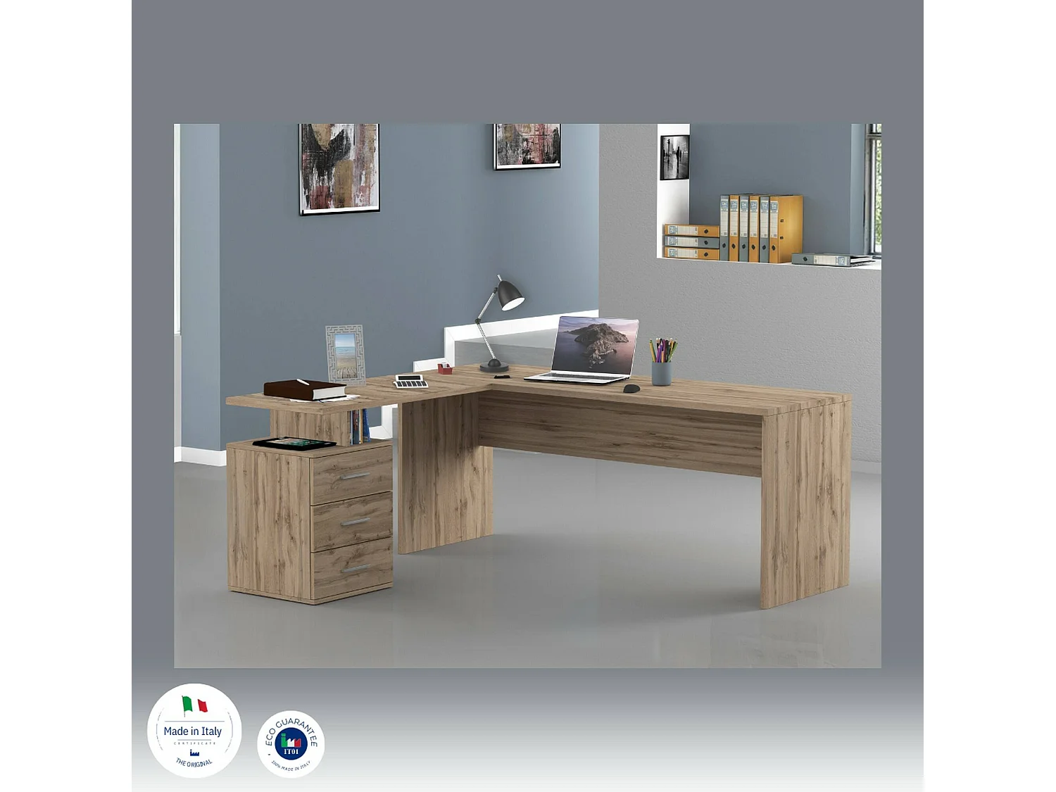 Dguarin Desk, Bureau PC d'angle, Table de bureau polyvalente, Bureau multi-positions peu encombrant, 100% Made in Italy, 160x60h75 cm, Chêne