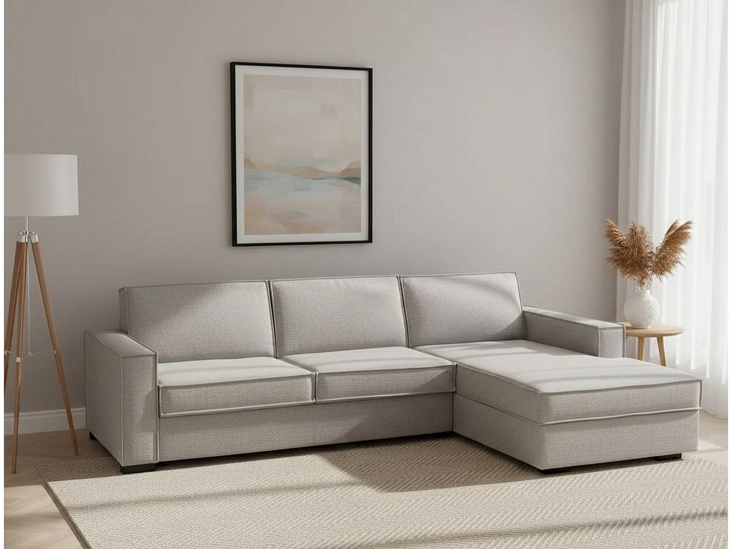 Sofá fijo Dkiyin, Sofá de esquina, 100% Made in Italy, Sofá Salón con, Península contenedor derecha, con reposabrazos estándar, Cm 280x95h90, Gris