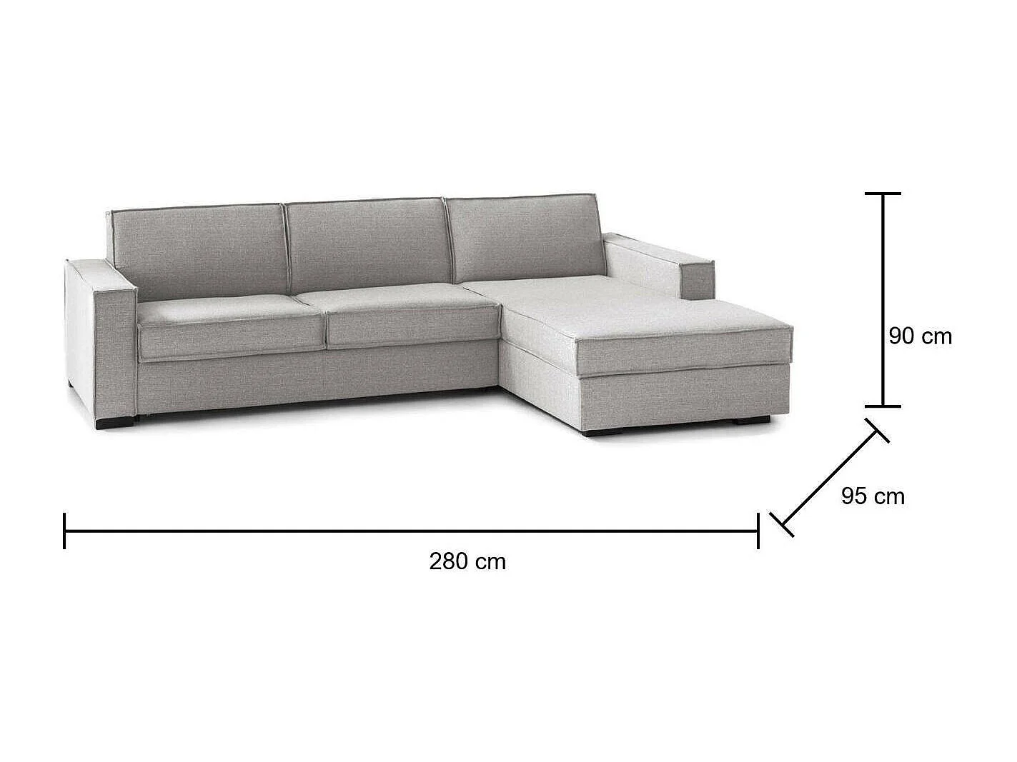 Sofá fijo Dkiyin, Sofá de esquina, 100% Made in Italy, Sofá Salón con, Península contenedor derecha, con reposabrazos estándar, Cm 280x95h90, Gris