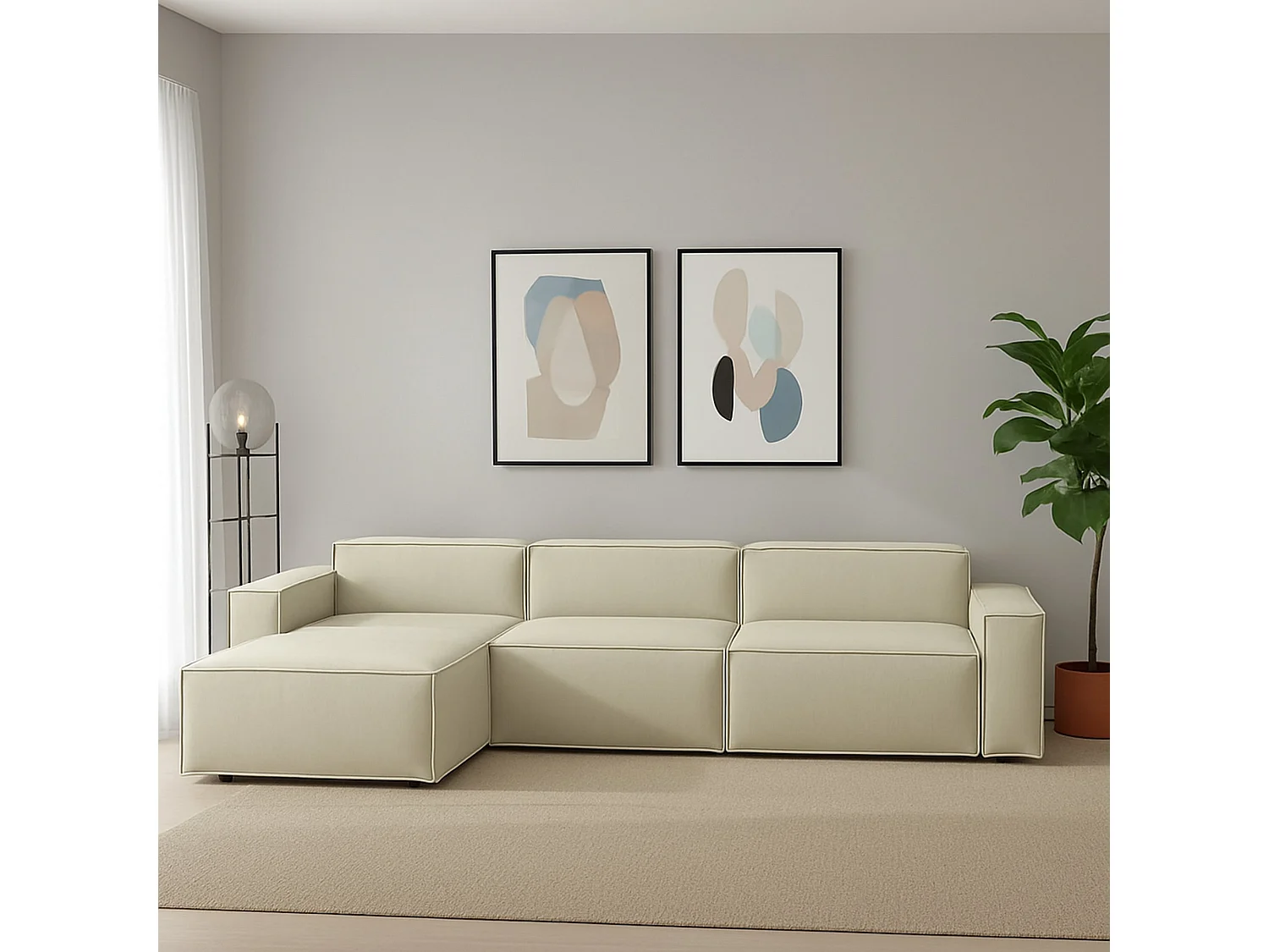 Canapé fixe Licia, canapé modulable 4 places avec péninsule gauche, 100% Made in Italy, Canapé moderne en tissu, 340x170h70 cm, Beige