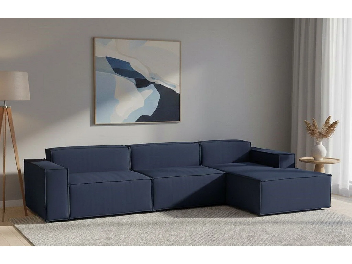 Festes Sofa Dmaiol, Modulares 4-Sitzer-Sofa mit rechter Halbinsel, 100% Made in Italy, Modernes Sofa aus Stoff, Cm 340x170h70, Blau