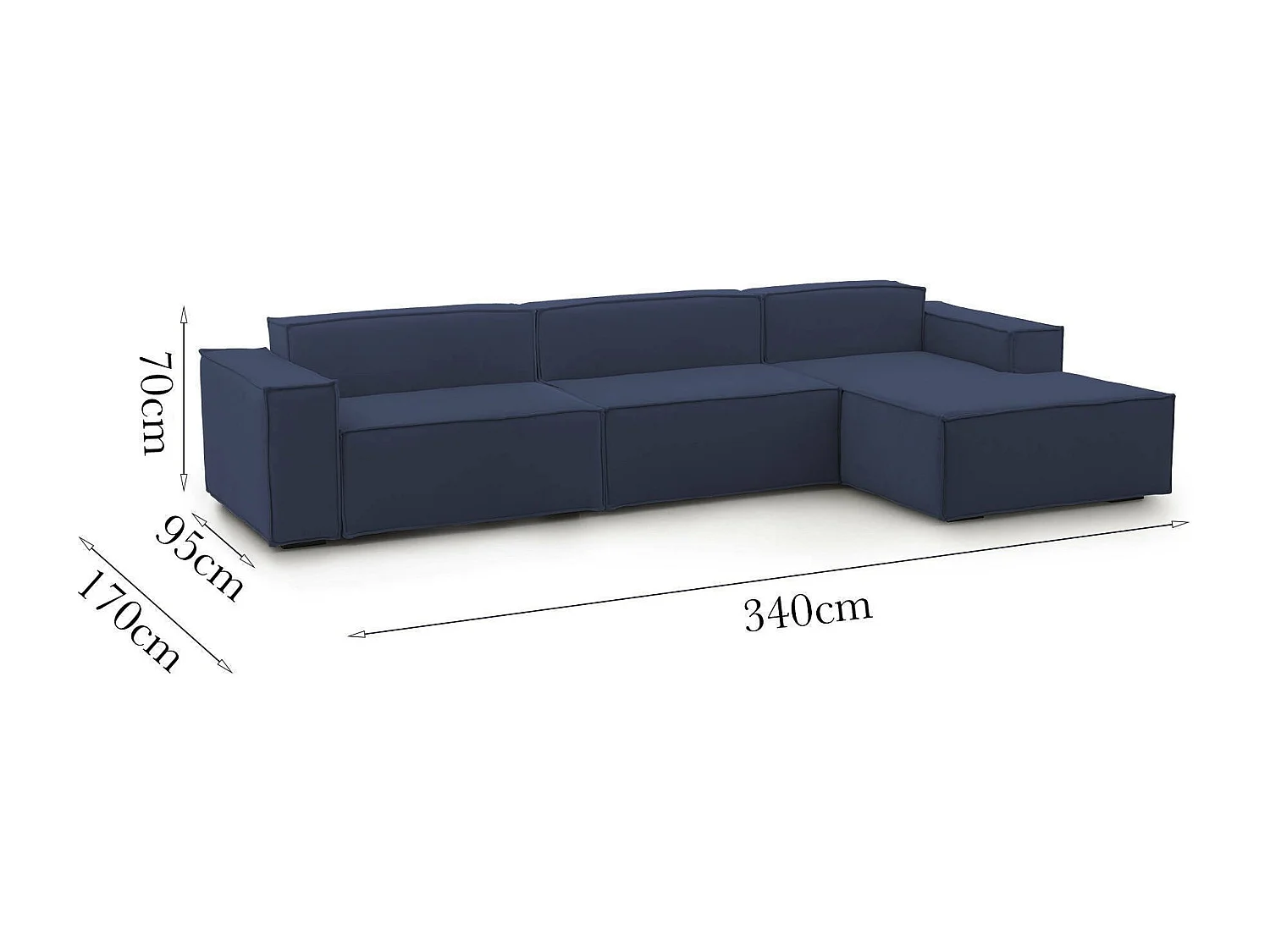 Festes Sofa Dmaiol, Modulares 4-Sitzer-Sofa mit rechter Halbinsel, 100% Made in Italy, Modernes Sofa aus Stoff, Cm 340x170h70, Blau