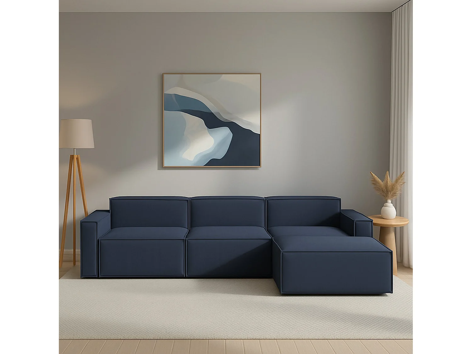 Canapé fixe Dmaiol, canapé modulable 4 places avec péninsule droite, 100% Made in Italy, Canapé moderne en tissu, 340x170h70 cm, Bleu
