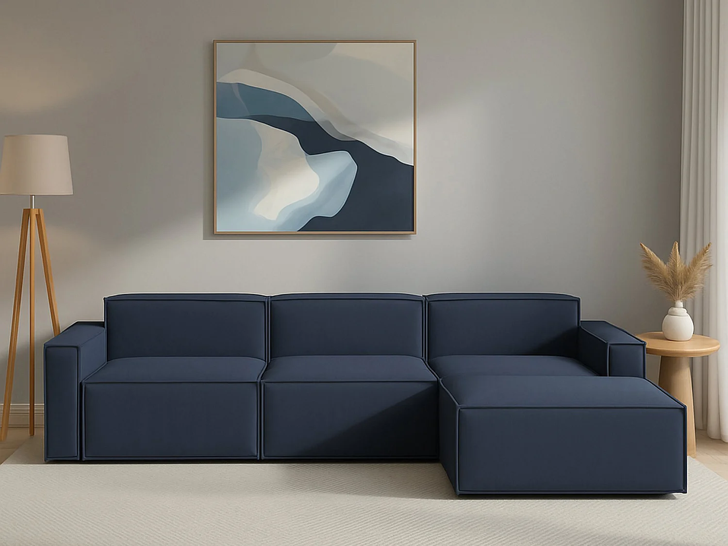 Dmaiol vaste bank, 4-zits modulaire bank met rechterschiereiland, 100% Made in Italy, Moderne stoffen bank, 340x170h70 cm, Blauw