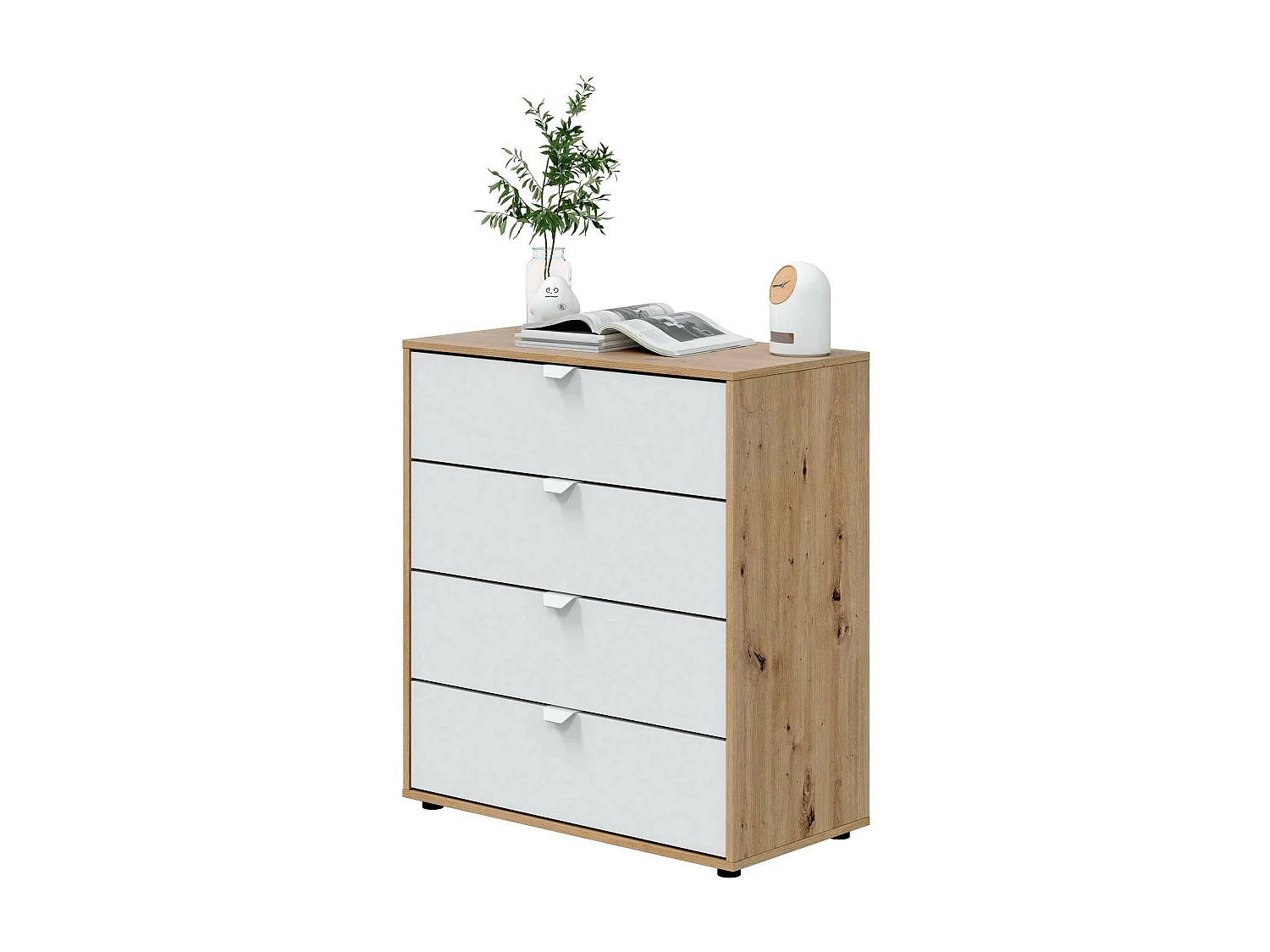 Dzigon nachtkastje, Laag dressoir, Nachtkastje, Bedplank, 78x40 h86 cm, Wit en Knot Eiken