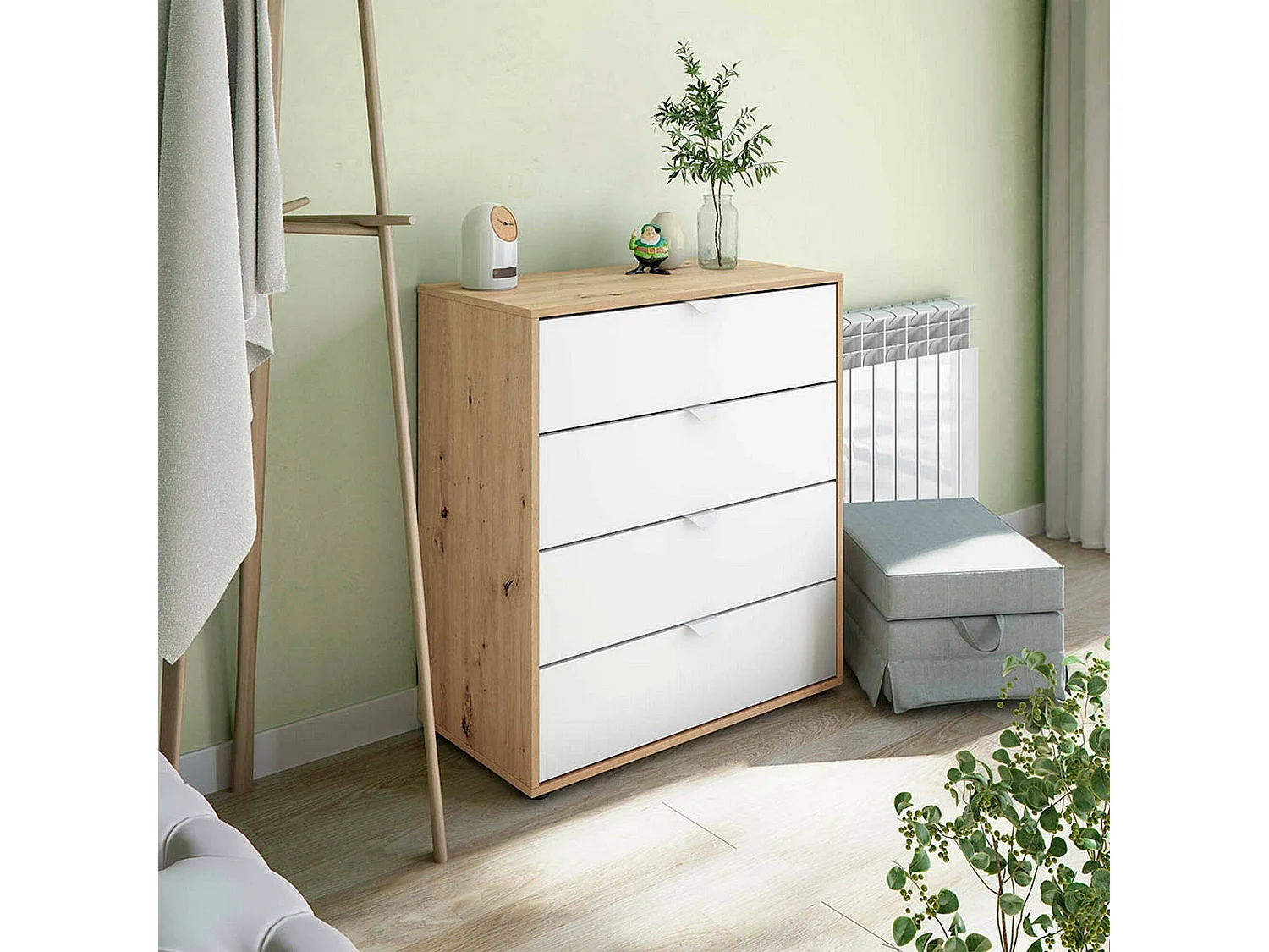 Chevet Dzigon, Commode basse, Table de nuit, Étagère de chevet, 78x40 h86 cm, Blanc et n?uds de chêne clair